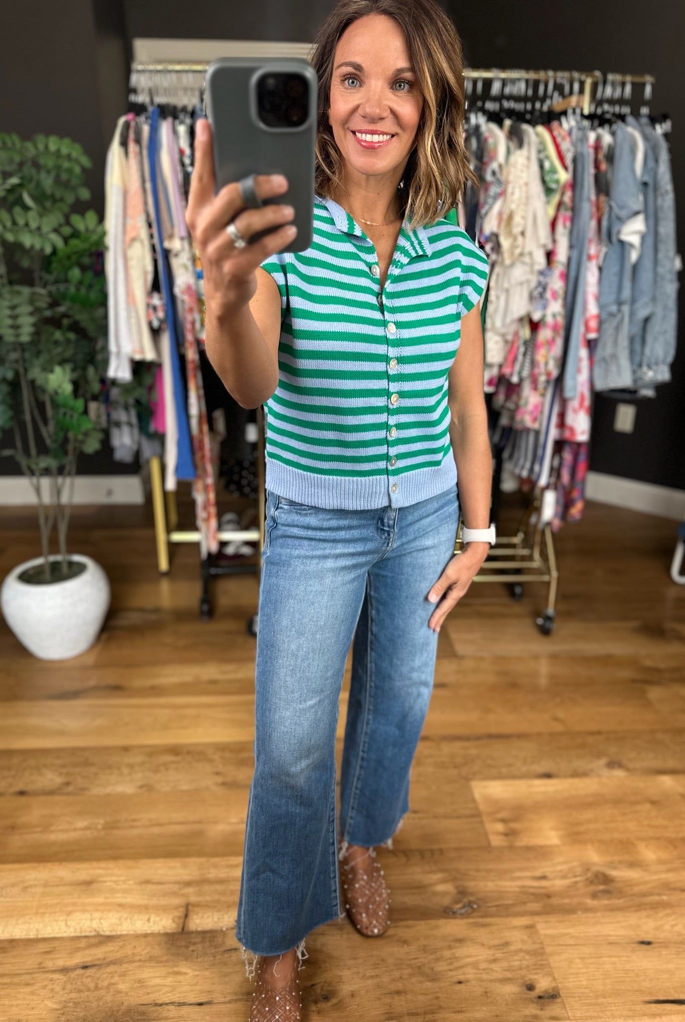 Happy Things Striped Sleeveless Cardigan-Sweaters-Entro-Anna Kaytes Boutique, Women's Fashion Boutique in Grinnell, Iowa