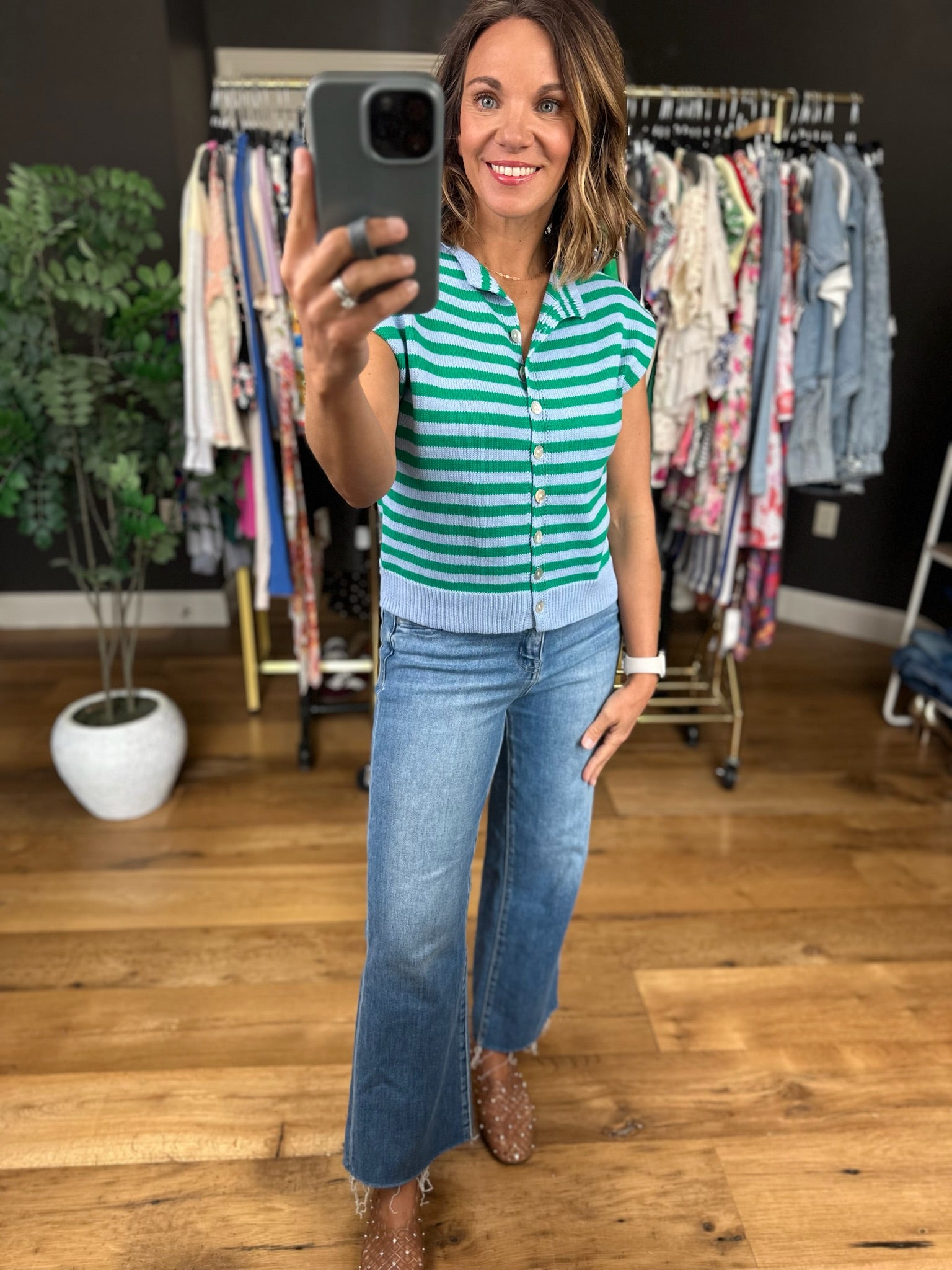 Happy Things Striped Sleeveless Cardigan-Sweaters-Entro-Anna Kaytes Boutique, Women's Fashion Boutique in Grinnell, Iowa