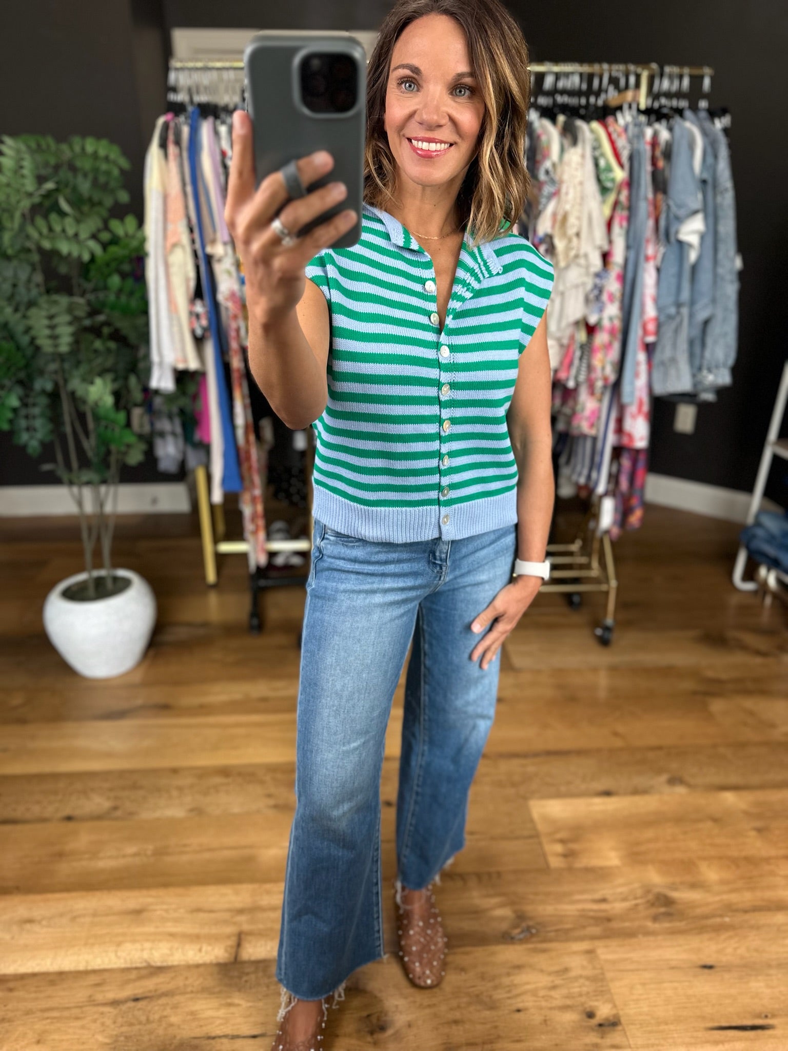 Happy Things Striped Sleeveless Cardigan-Sweaters-Entro-Anna Kaytes Boutique, Women's Fashion Boutique in Grinnell, Iowa