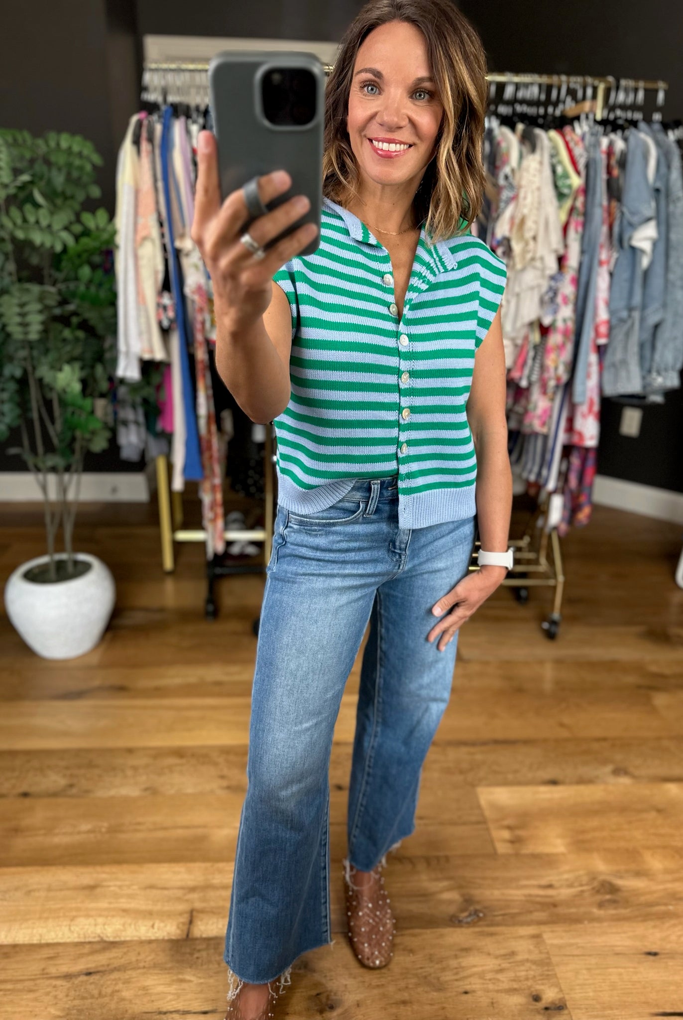 Happy Things Striped Sleeveless Cardigan-Sweaters-Entro-Anna Kaytes Boutique, Women's Fashion Boutique in Grinnell, Iowa