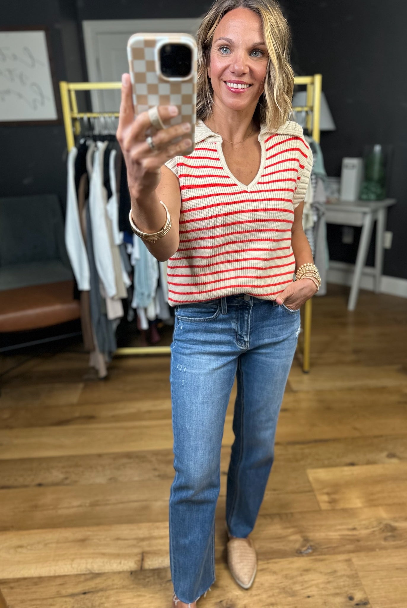 This Opportunity Collared Knit - Taupe/Red-Wishlist-Anna Kaytes Boutique, Women's Fashion Boutique in Grinnell, Iowa