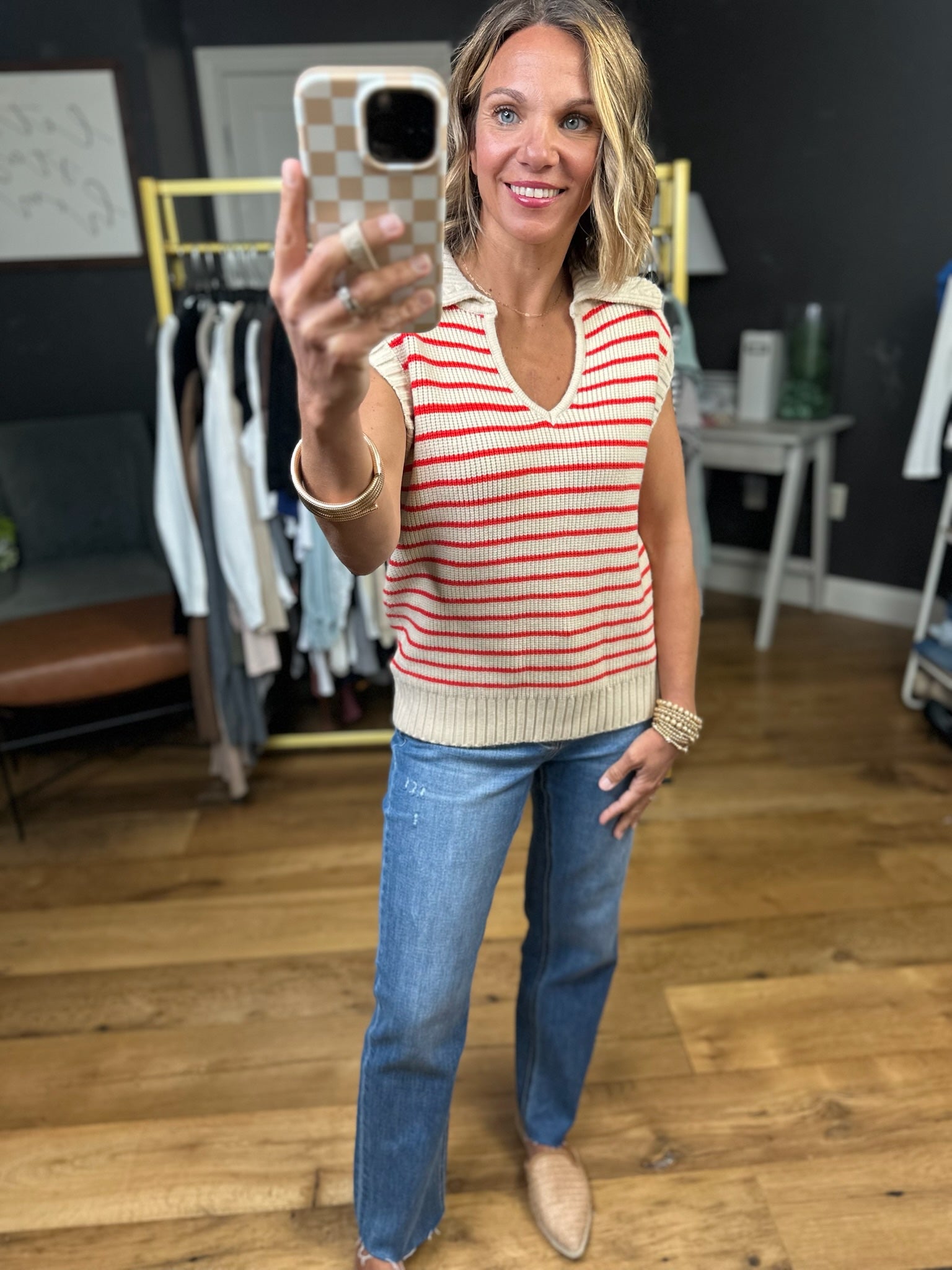 This Opportunity Collared Knit - Taupe/Red-Wishlist-Anna Kaytes Boutique, Women's Fashion Boutique in Grinnell, Iowa