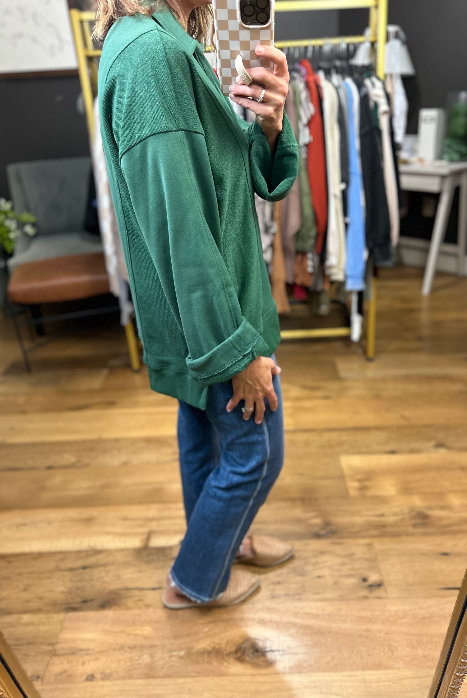 Going For It V-Neck Collared Pullover - Hunter Green-Entro-Anna Kaytes Boutique, Women's Fashion Boutique in Grinnell, Iowa