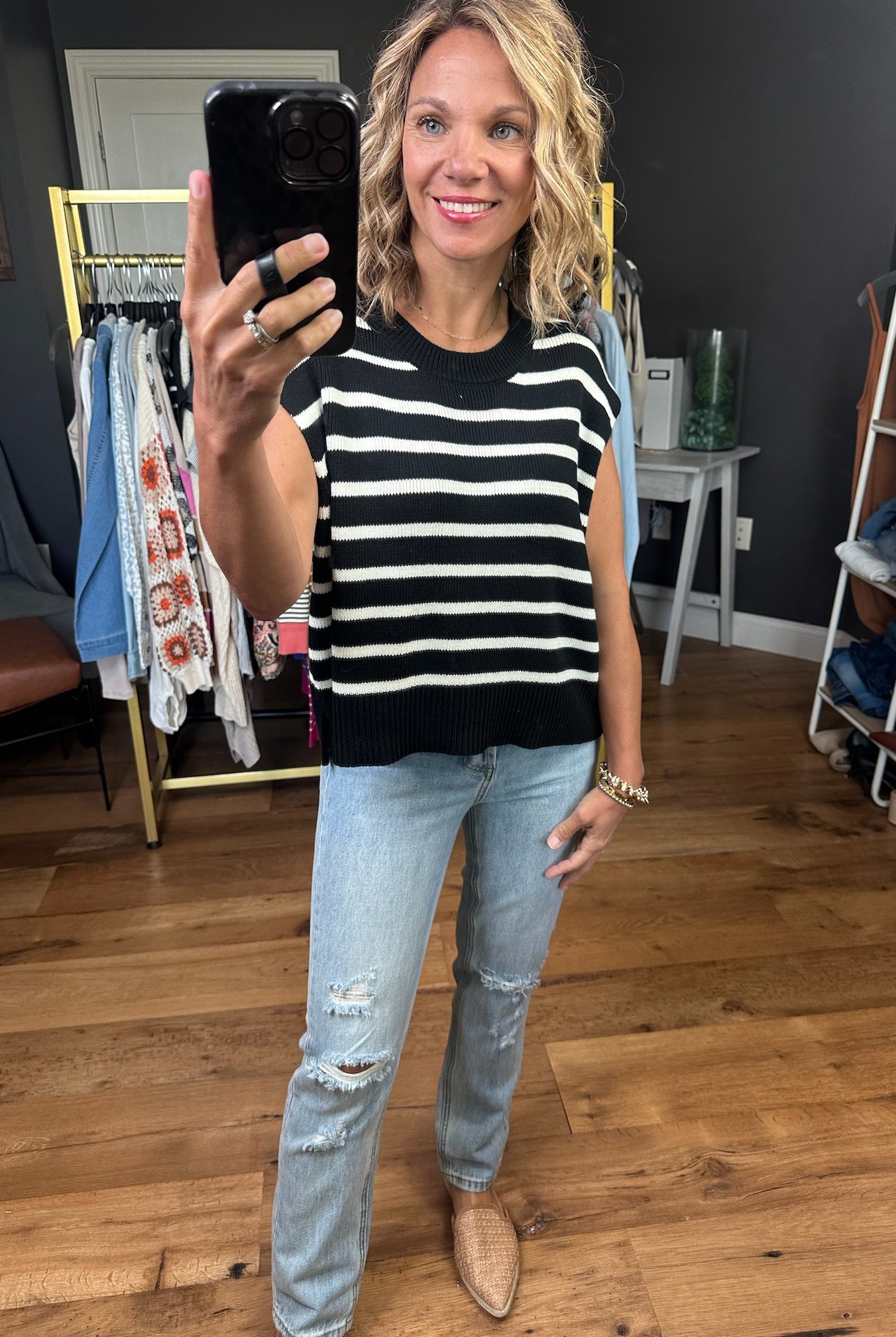 Anything In the World Striped Cap-Sleeve Knit Top - Black-Entro-Anna Kaytes Boutique, Women's Fashion Boutique in Grinnell, Iowa