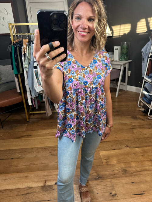 Stay That Way Floral Babydoll Top - Denim/Lavendar-Staccato 19349-Anna Kaytes Boutique, Women's Fashion Boutique in Grinnell, Iowa