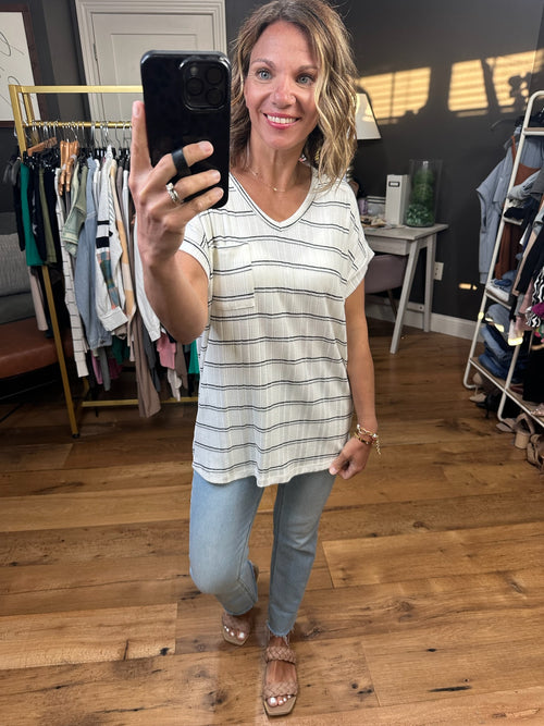 Harboring Feelings Striped V-Neck Tee - Ivory/Black-Staccato 14057B-Anna Kaytes Boutique, Women's Fashion Boutique in Grinnell, Iowa