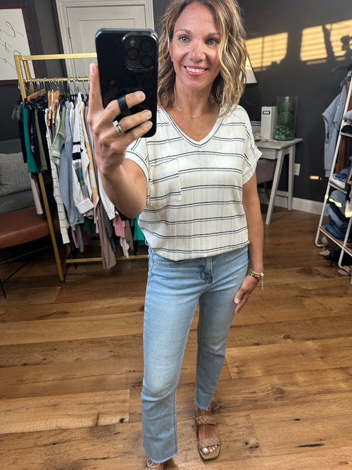 Harboring Feelings Striped V-Neck Tee - Ivory/Black-Staccato 14057B-Anna Kaytes Boutique, Women's Fashion Boutique in Grinnell, Iowa