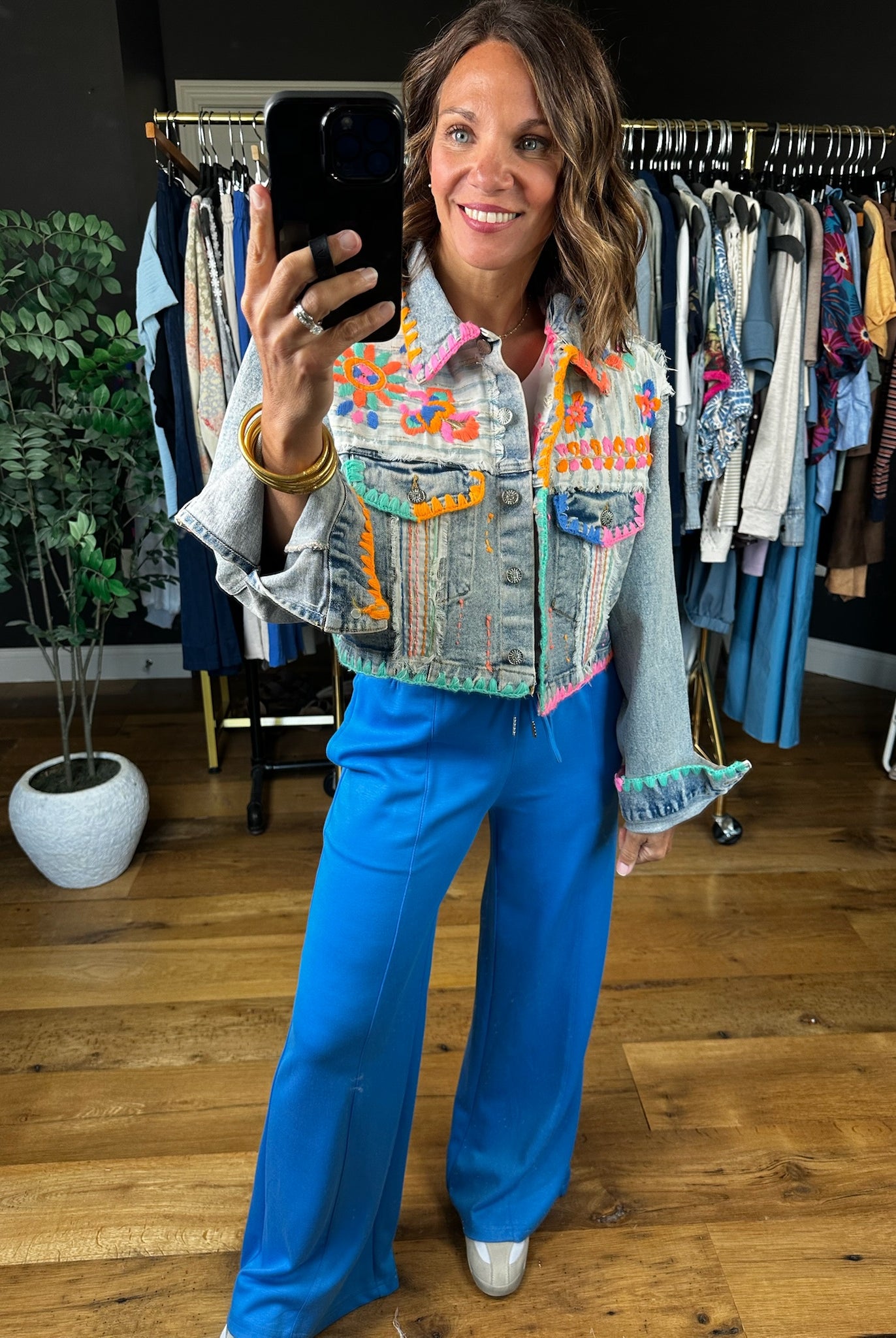 Finding Fun Embroidered Denim Jacket-Jackets-POL-Anna Kaytes Boutique, Women's Fashion Boutique in Grinnell, Iowa