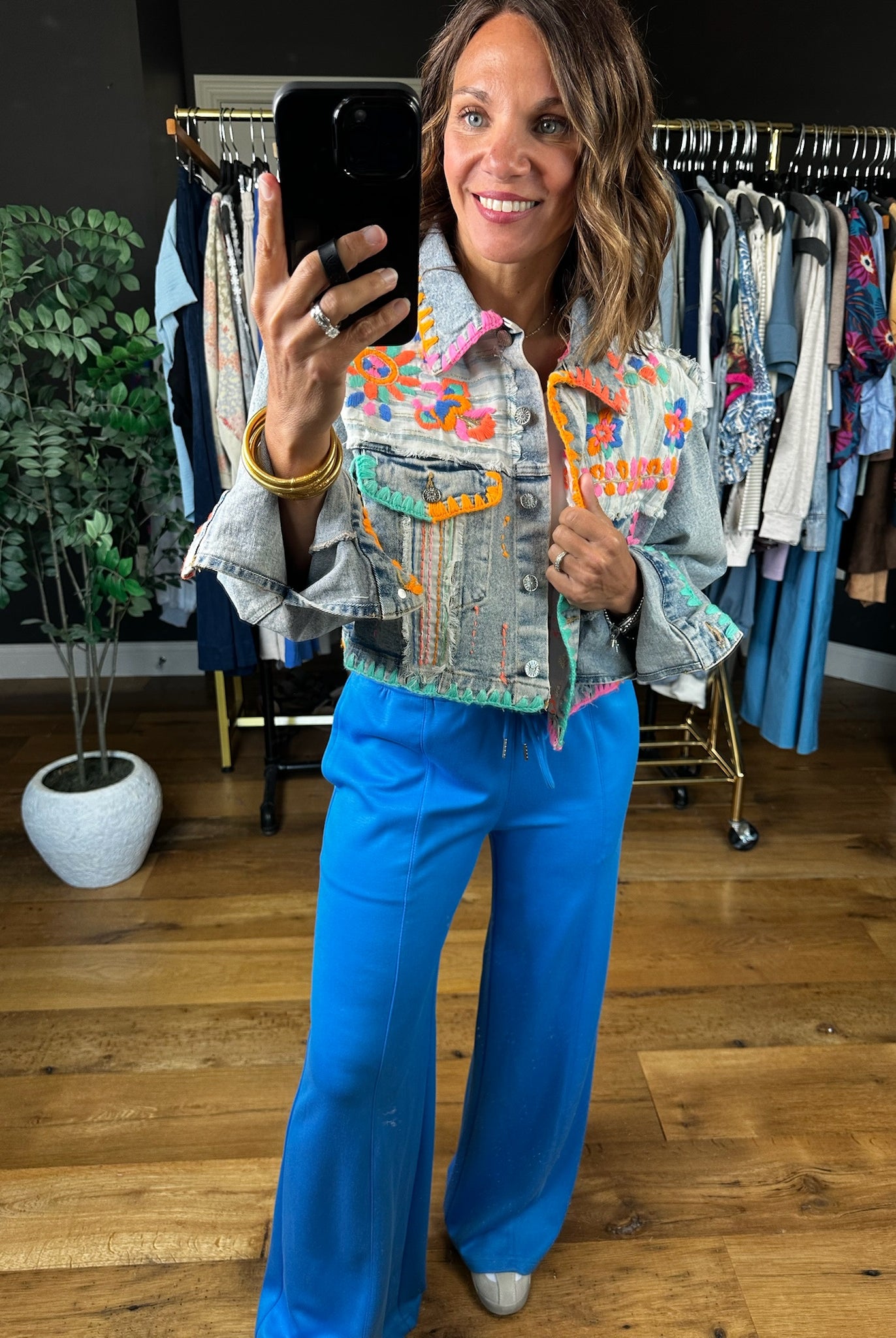 Finding Fun Embroidered Denim Jacket-Jackets-POL-Anna Kaytes Boutique, Women's Fashion Boutique in Grinnell, Iowa