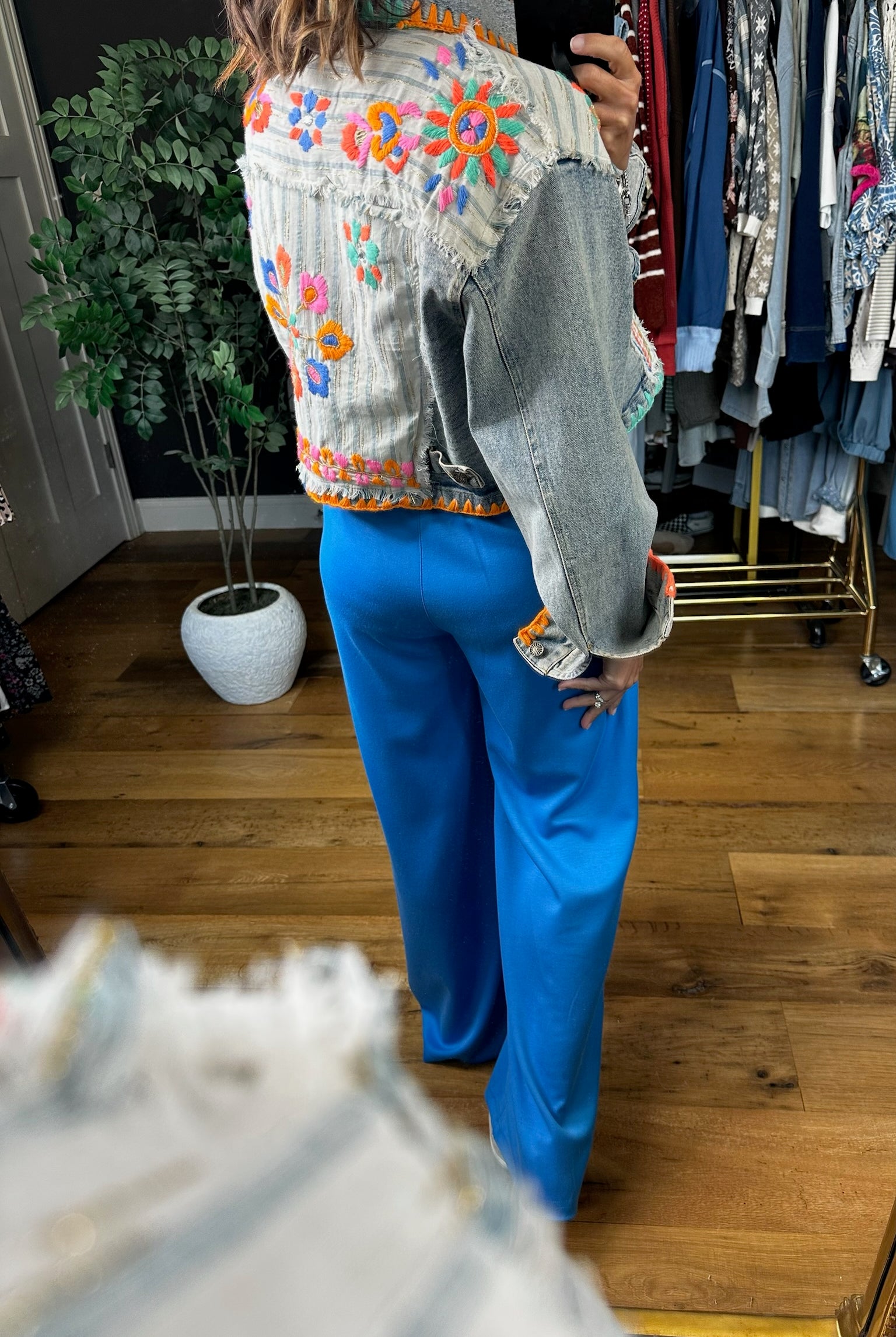 Finding Fun Embroidered Denim Jacket-Jackets-POL-Anna Kaytes Boutique, Women's Fashion Boutique in Grinnell, Iowa