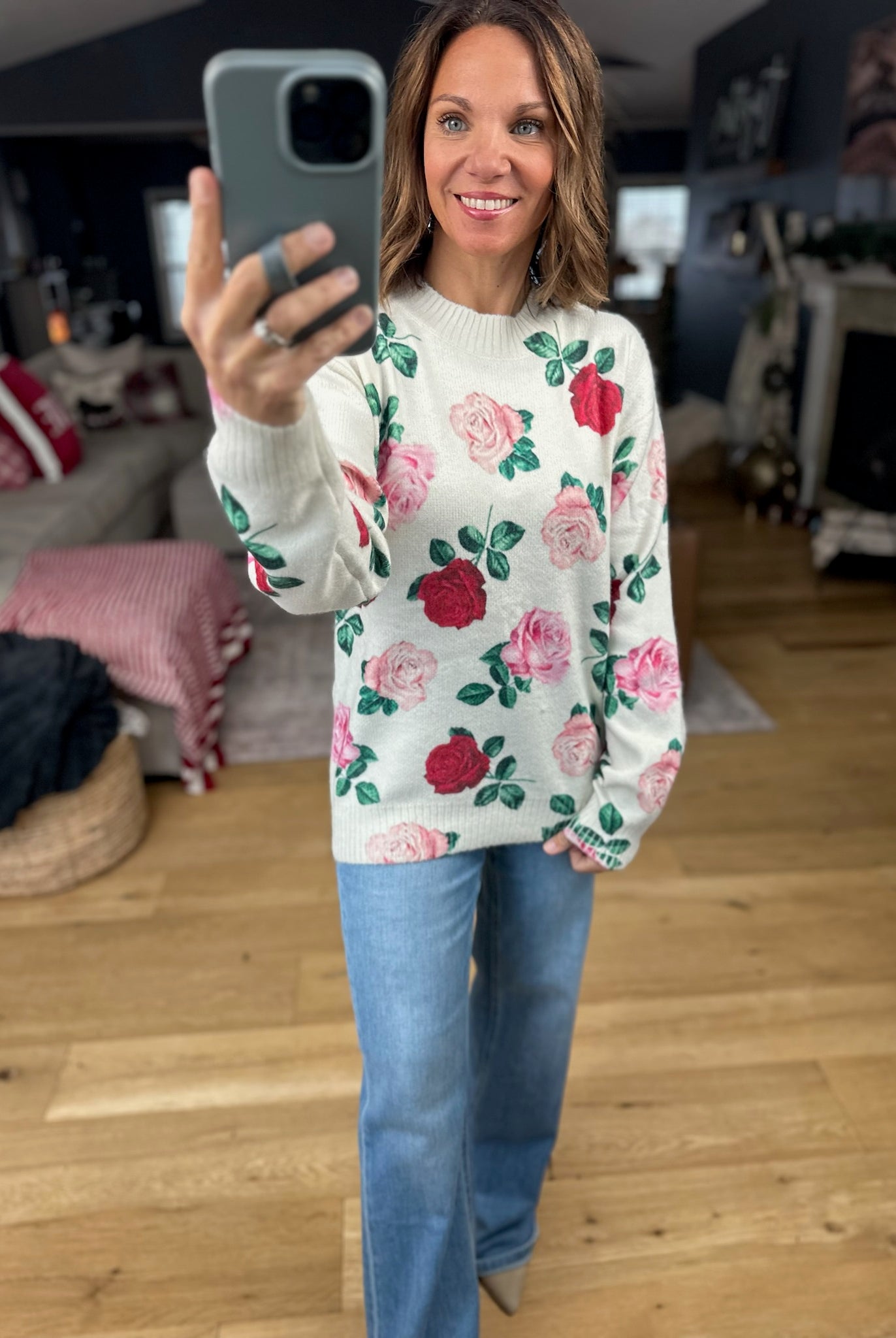 Kissed By A Rose Patterned Sweater-Sweaters-Vine & Love-Anna Kaytes Boutique, Women's Fashion Boutique in Grinnell, Iowa