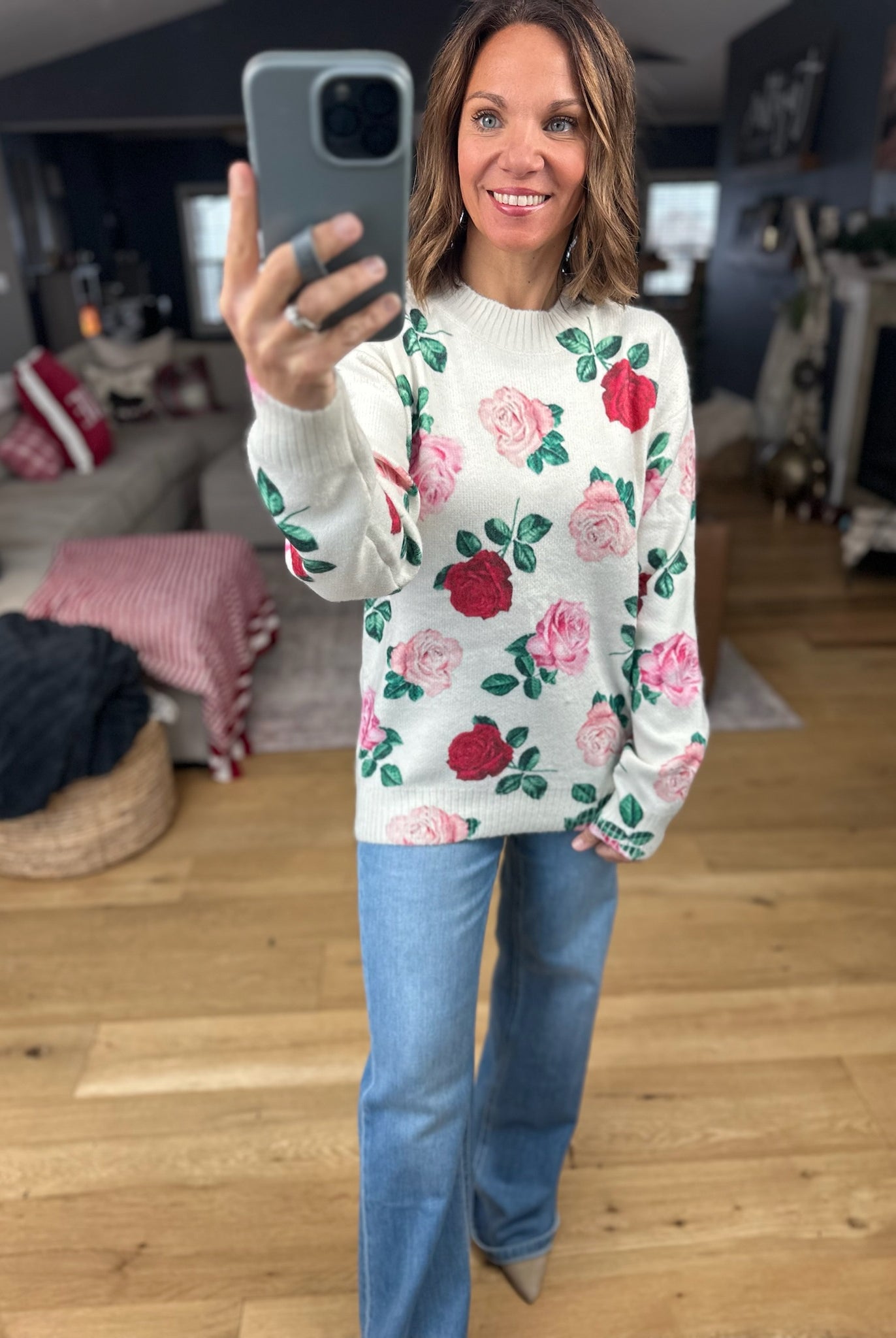 Kissed By A Rose Patterned Sweater-Sweaters-Vine & Love-Anna Kaytes Boutique, Women's Fashion Boutique in Grinnell, Iowa