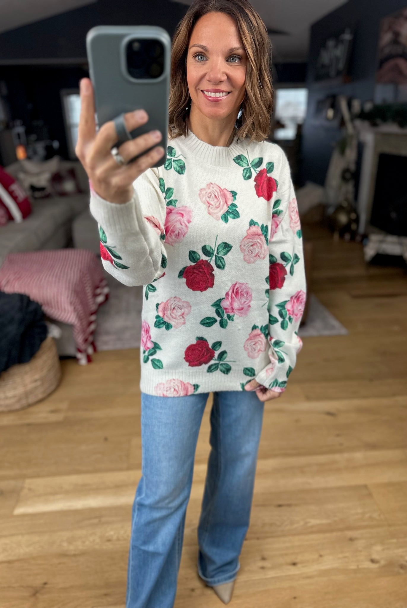 Kissed By A Rose Patterned Sweater-Sweaters-Vine & Love-Anna Kaytes Boutique, Women's Fashion Boutique in Grinnell, Iowa
