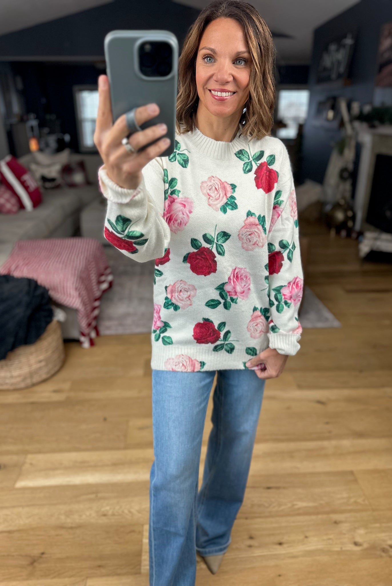 Kissed By A Rose Patterned Sweater-Sweaters-Vine & Love-Anna Kaytes Boutique, Women's Fashion Boutique in Grinnell, Iowa