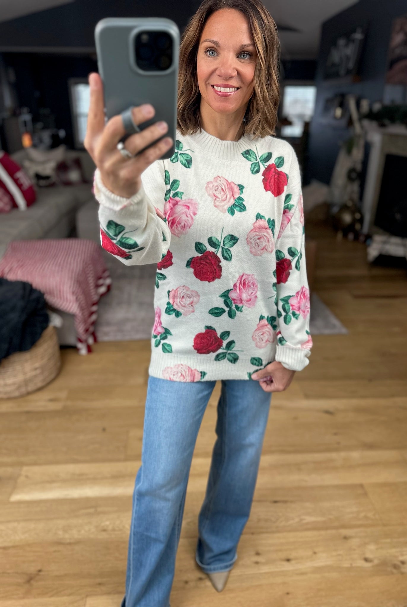 Kissed By A Rose Patterned Sweater-Sweaters-Vine & Love-Anna Kaytes Boutique, Women's Fashion Boutique in Grinnell, Iowa