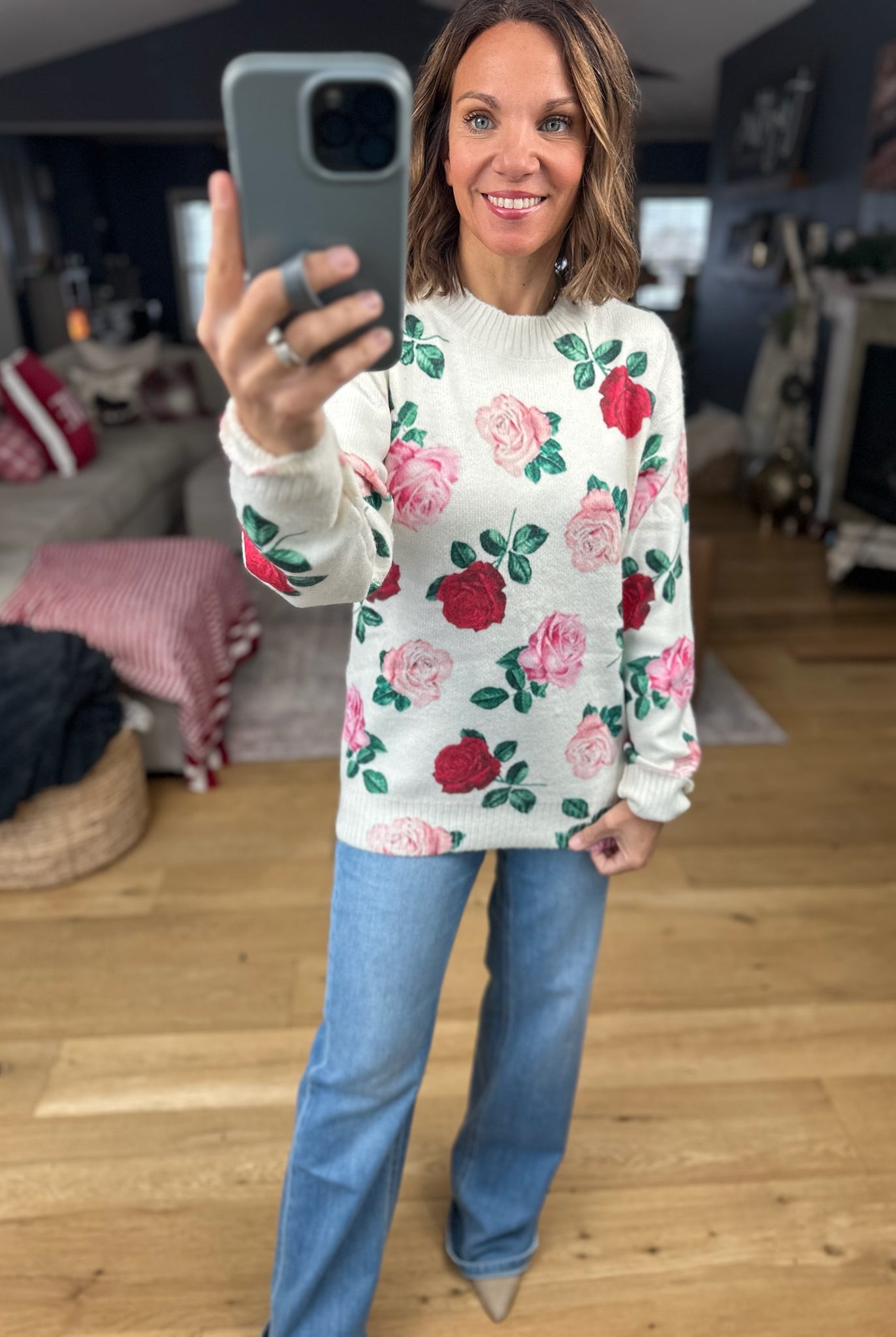 Kissed By A Rose Patterned Sweater-Sweaters-Vine & Love-Anna Kaytes Boutique, Women's Fashion Boutique in Grinnell, Iowa