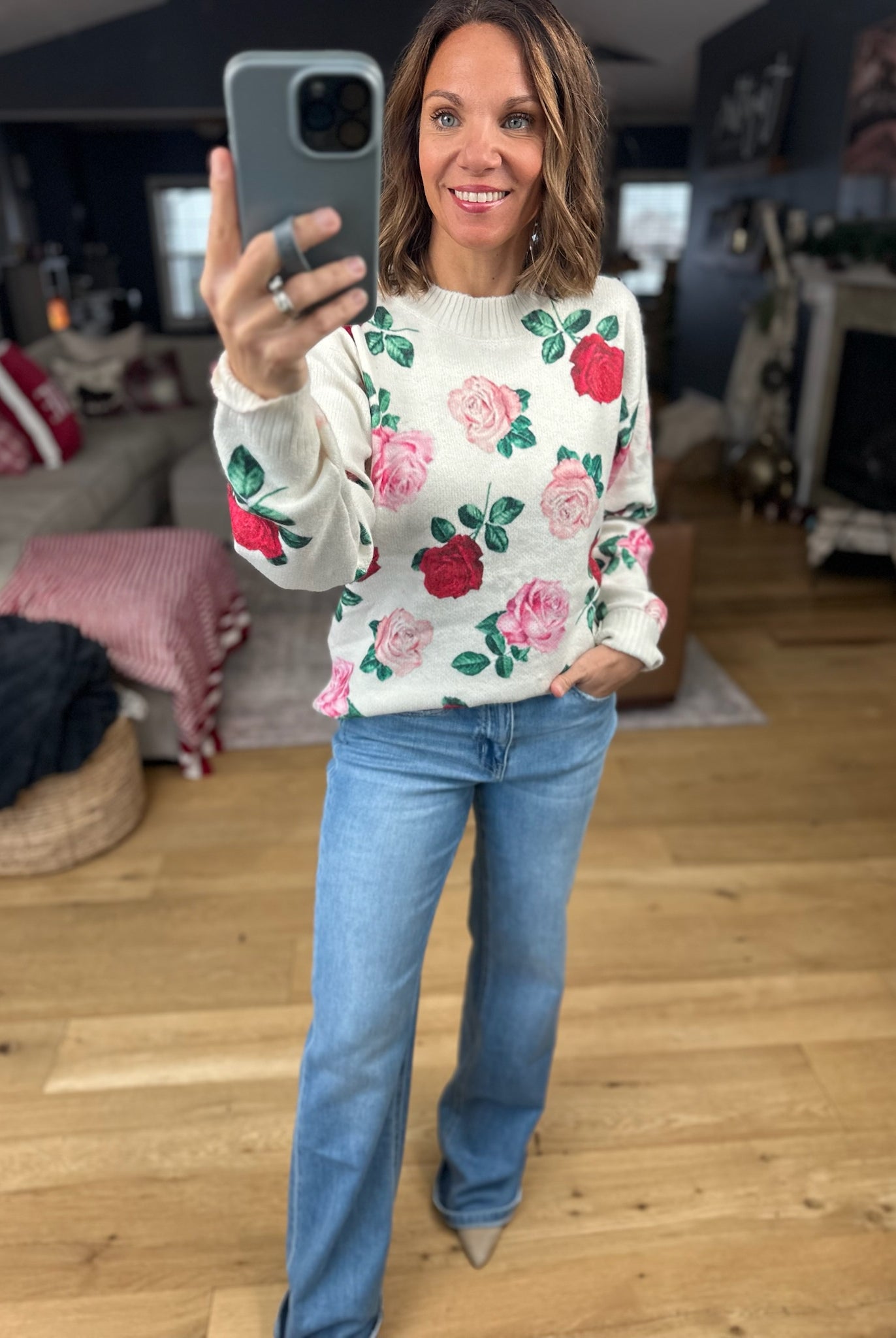 Kissed By A Rose Patterned Sweater-Sweaters-Vine & Love-Anna Kaytes Boutique, Women's Fashion Boutique in Grinnell, Iowa