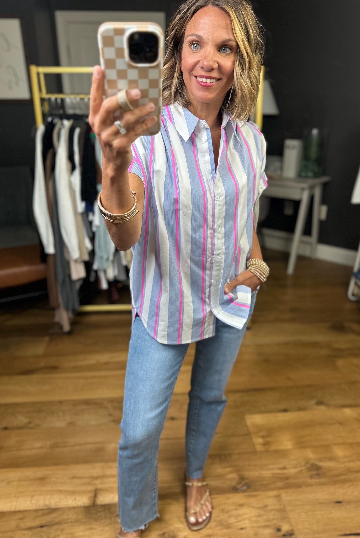 Tie This Up Striped Button-Down Top - Pink-Jodifl-Anna Kaytes Boutique, Women's Fashion Boutique in Grinnell, Iowa