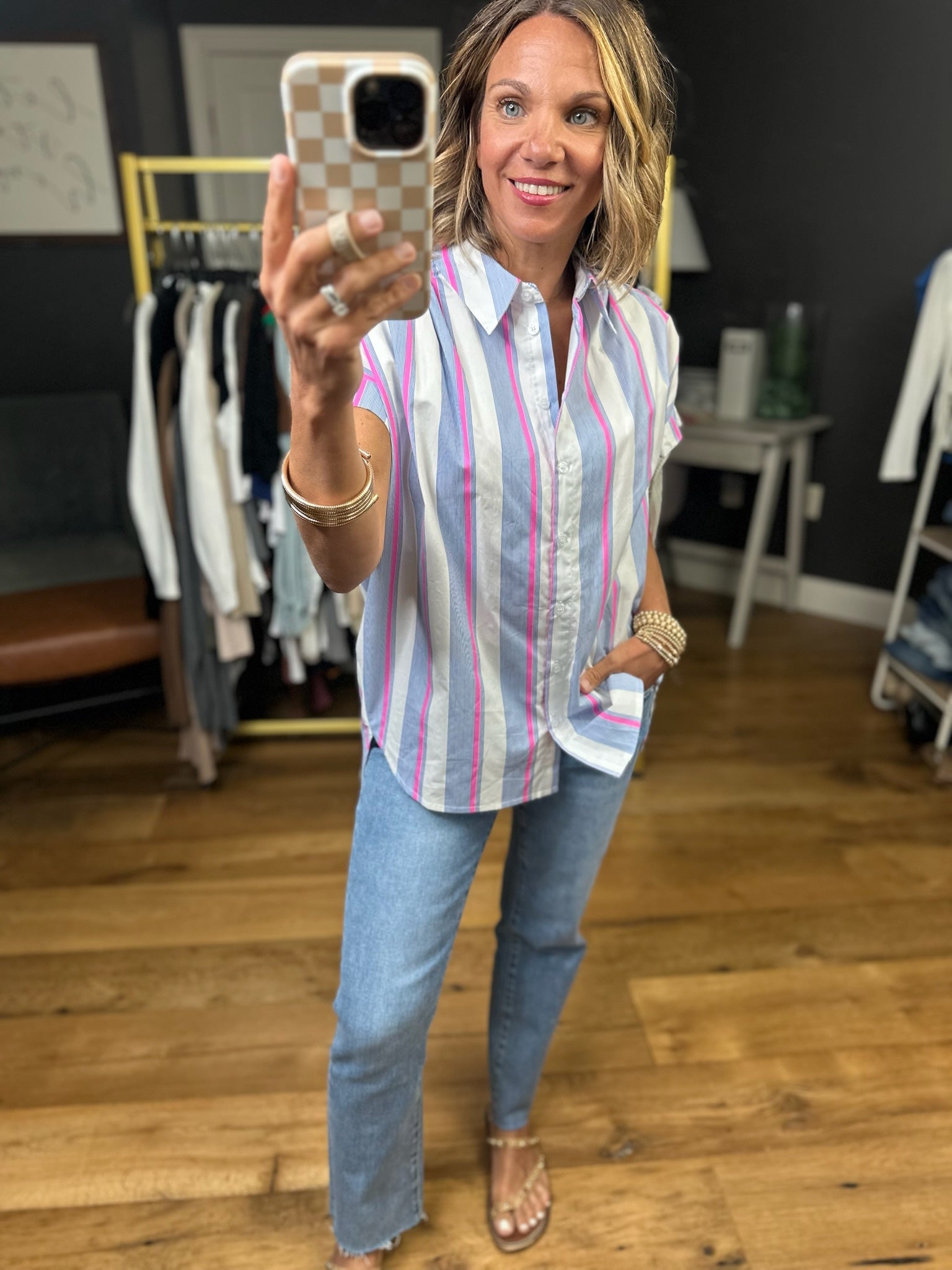 Tie This Up Striped Button-Down Top - Pink-Jodifl-Anna Kaytes Boutique, Women's Fashion Boutique in Grinnell, Iowa