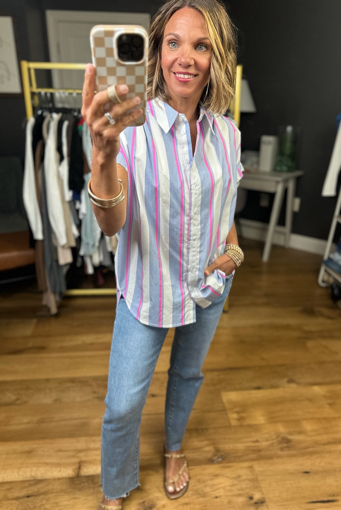 Tie This Up Striped Button-Down Top - Pink-Jodifl-Anna Kaytes Boutique, Women's Fashion Boutique in Grinnell, Iowa