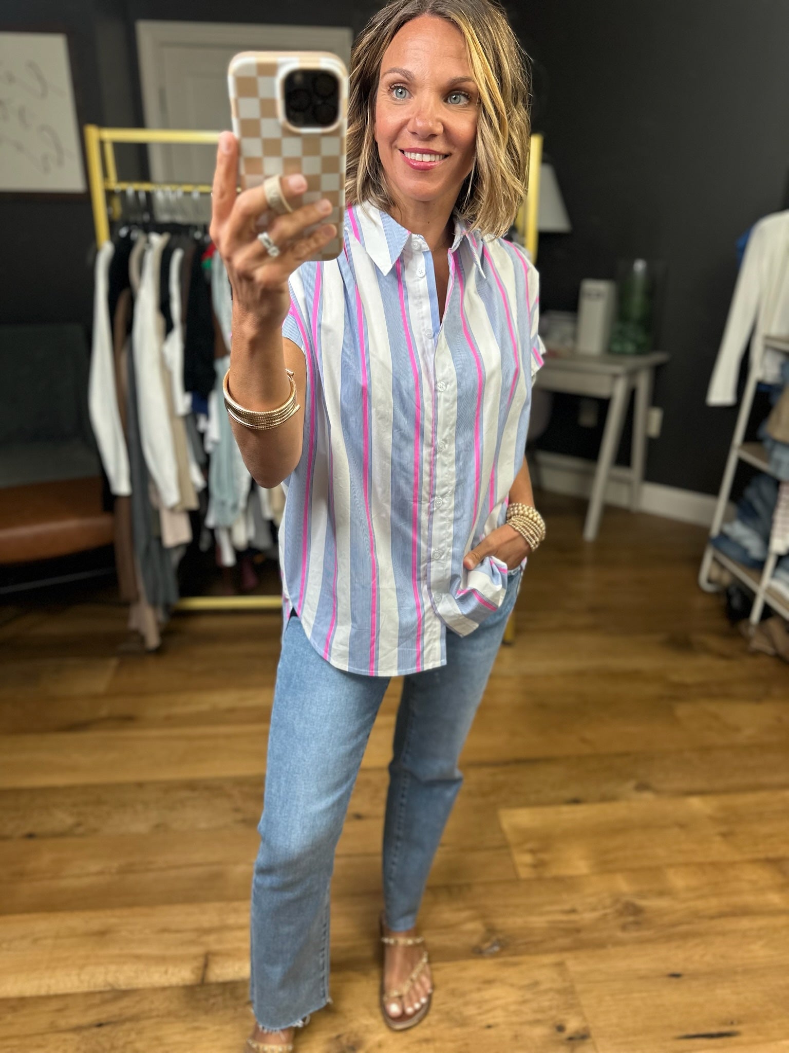 Tie This Up Striped Button-Down Top - Pink-Jodifl-Anna Kaytes Boutique, Women's Fashion Boutique in Grinnell, Iowa