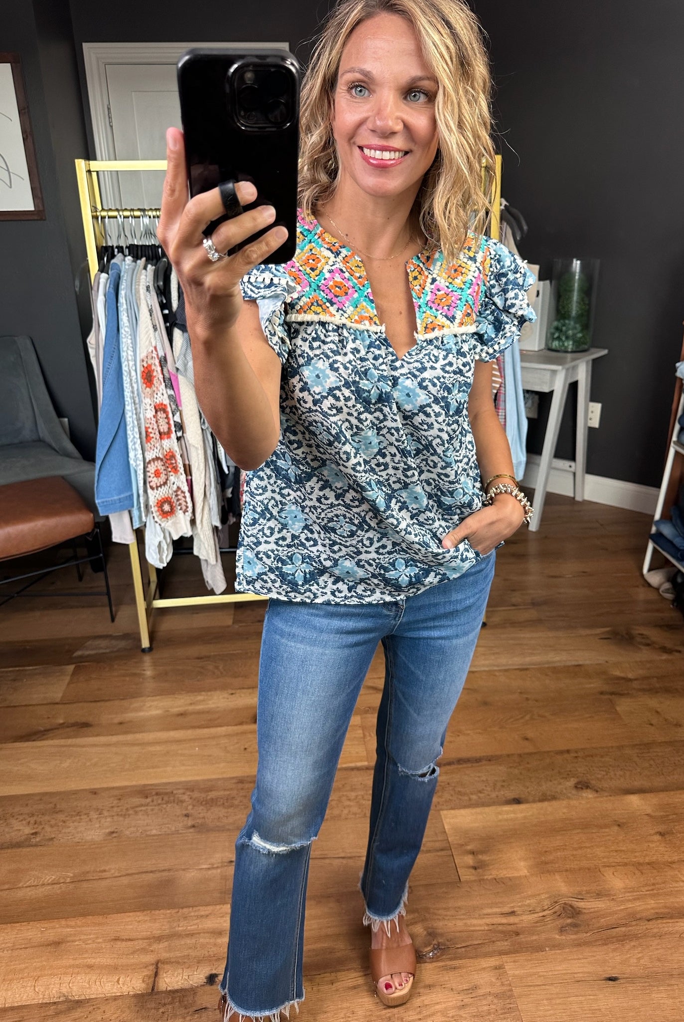 Taking Advantage Contrasting Patterned Top - Blue Multi-THML-Anna Kaytes Boutique, Women's Fashion Boutique in Grinnell, Iowa