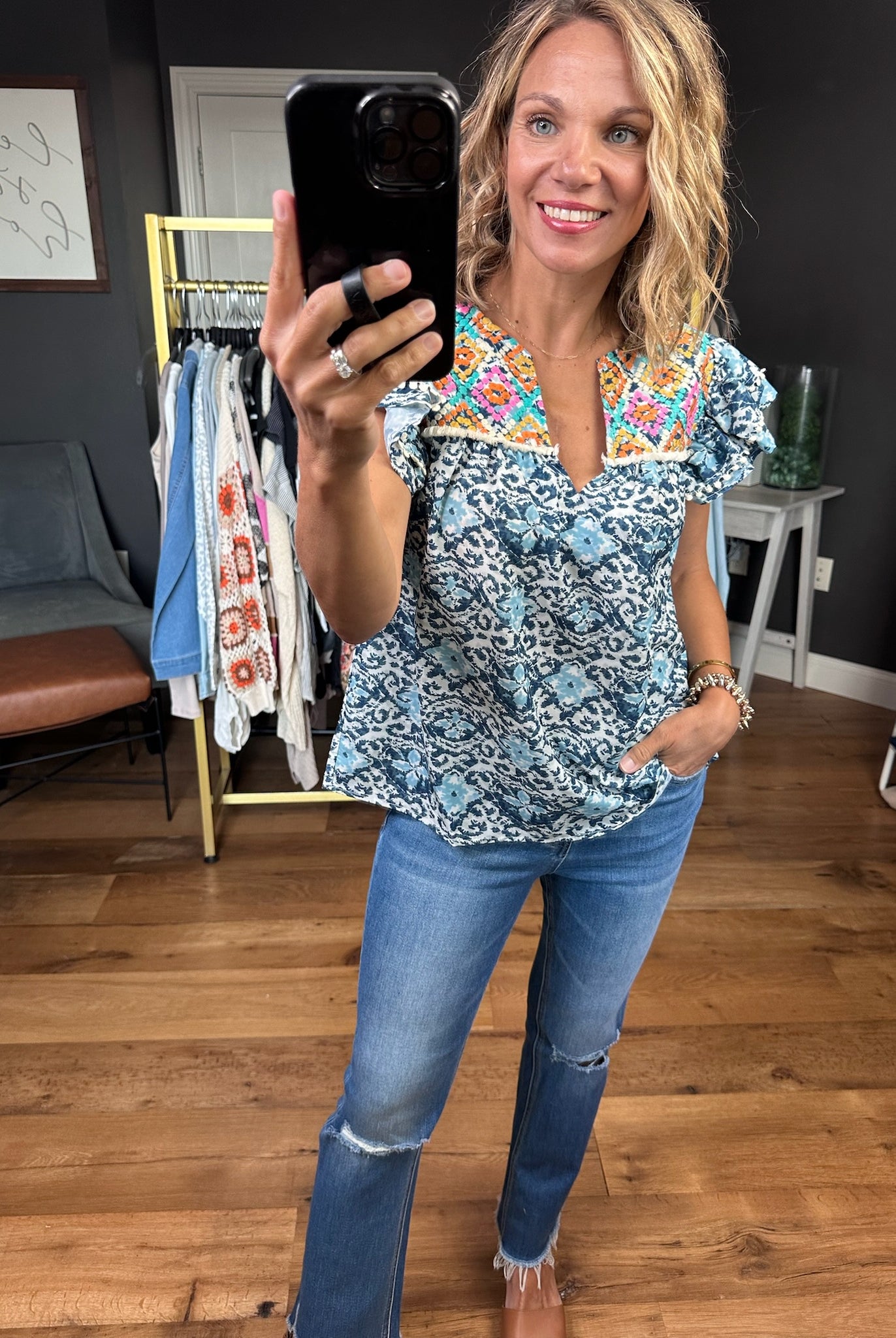 Taking Advantage Contrasting Patterned Top - Blue Multi-THML-Anna Kaytes Boutique, Women's Fashion Boutique in Grinnell, Iowa