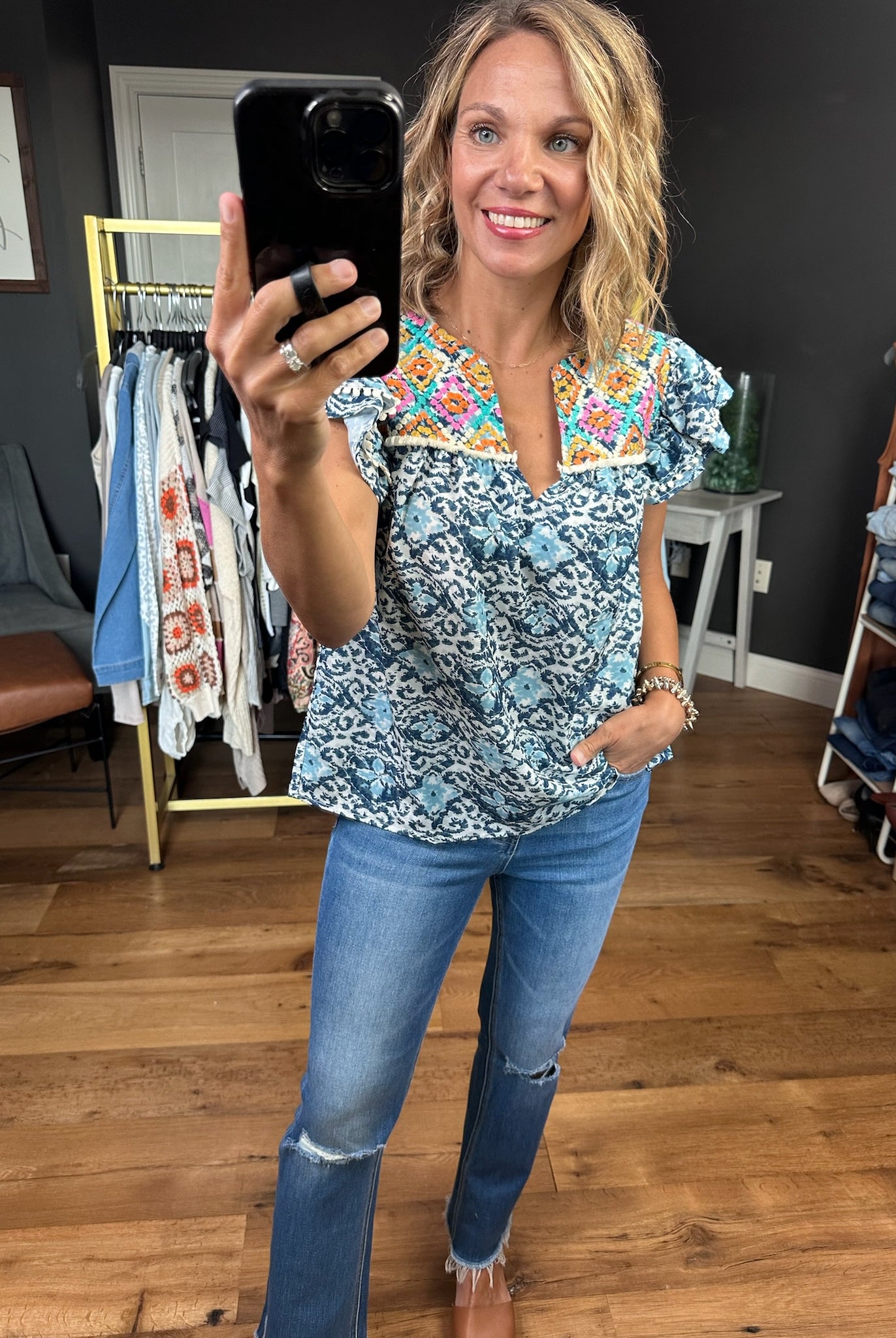 Taking Advantage Contrasting Patterned Top - Blue Multi-THML-Anna Kaytes Boutique, Women's Fashion Boutique in Grinnell, Iowa