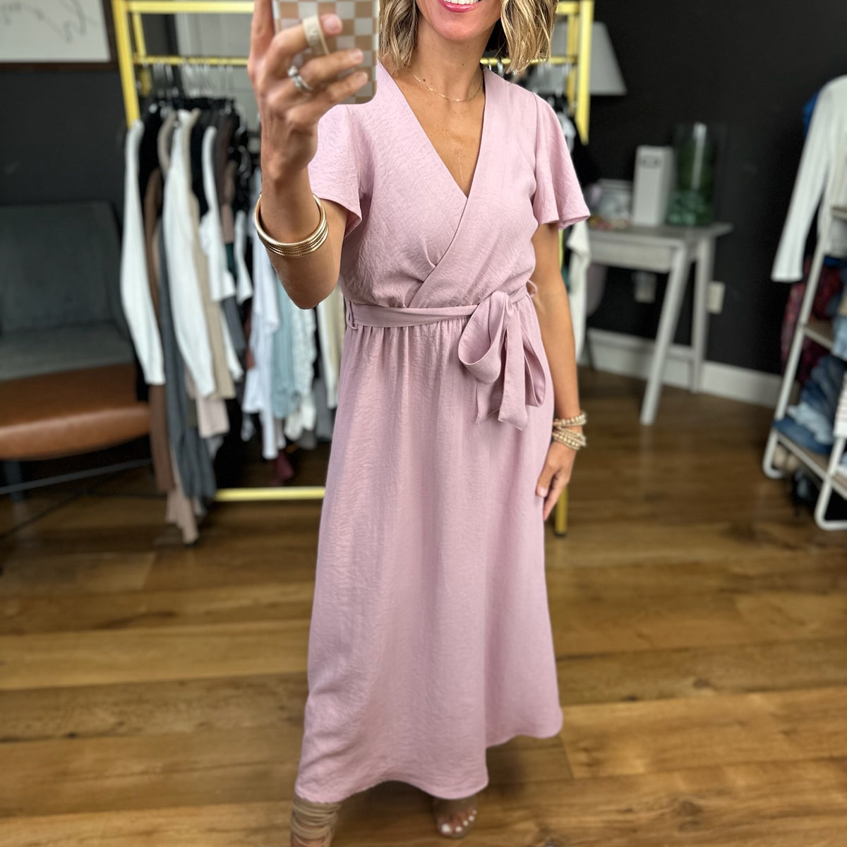 dusty pink midi dress Petal & Pup Women's Nova Flutter Sleeve Midi Dress