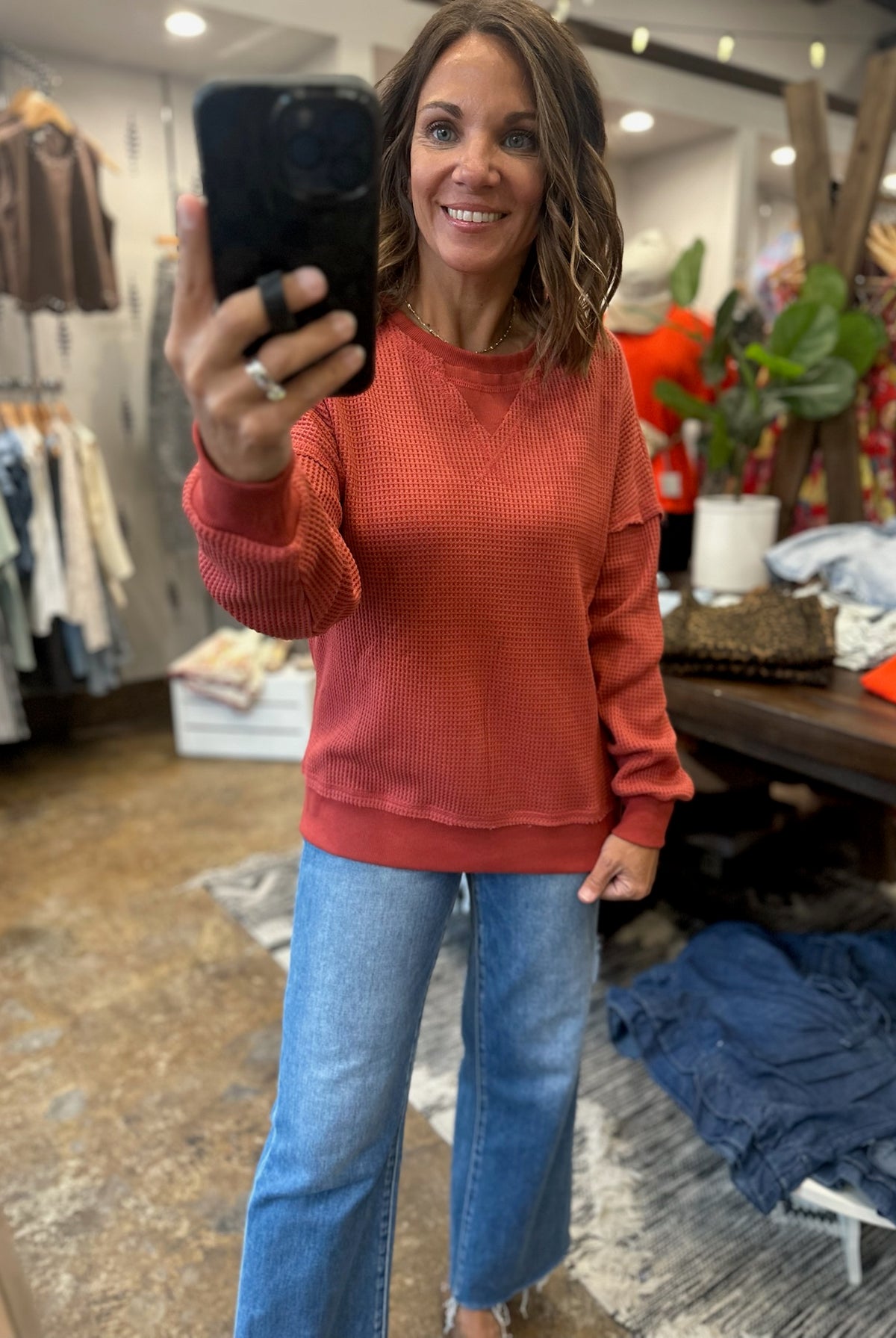 In A Fall State Waffle Long-Sleeve-Long Sleeves-Staccato-Anna Kaytes Boutique, Women's Fashion Boutique in Grinnell, Iowa