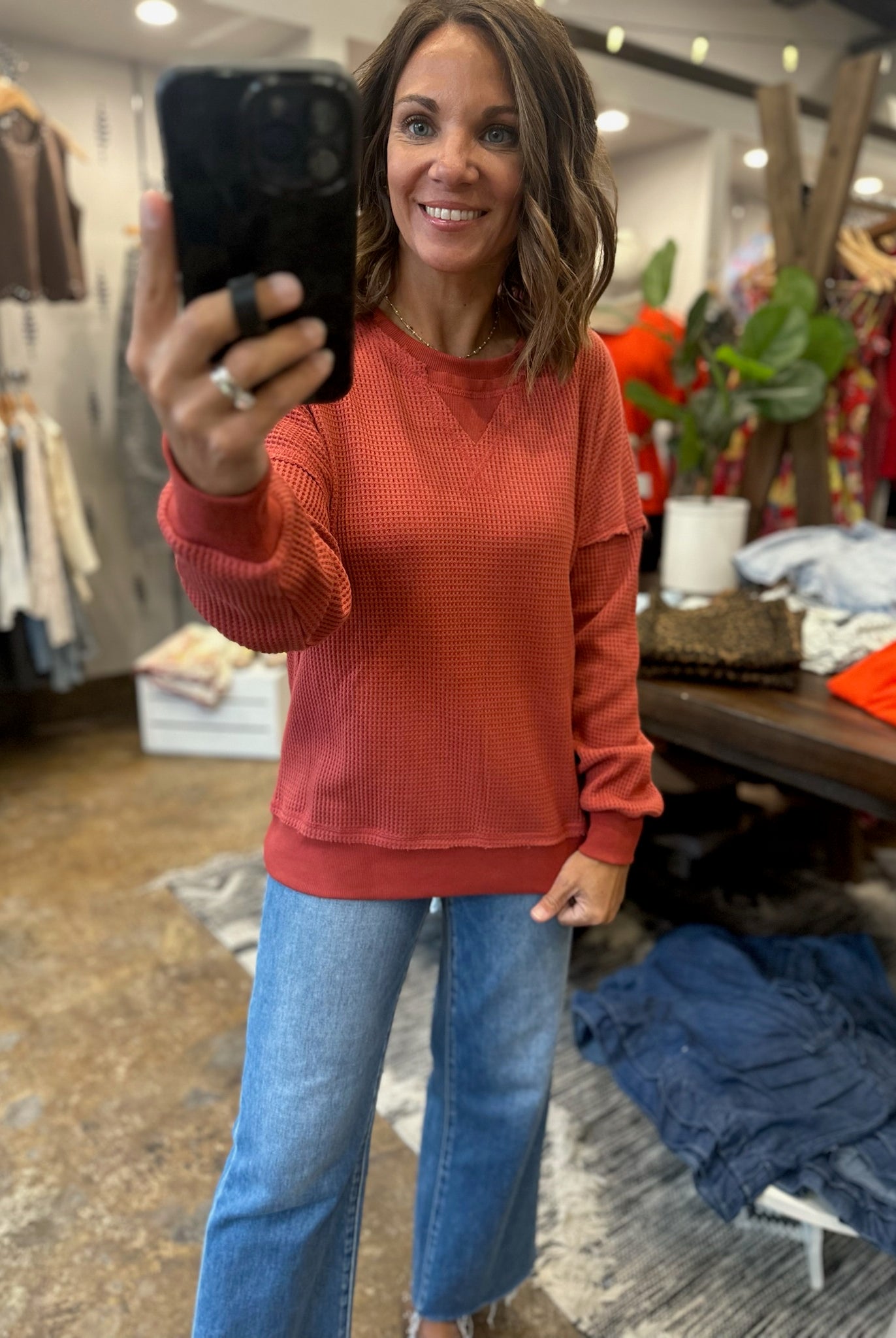 In A Fall State Waffle Long-Sleeve-Long Sleeves-Staccato-Anna Kaytes Boutique, Women's Fashion Boutique in Grinnell, Iowa