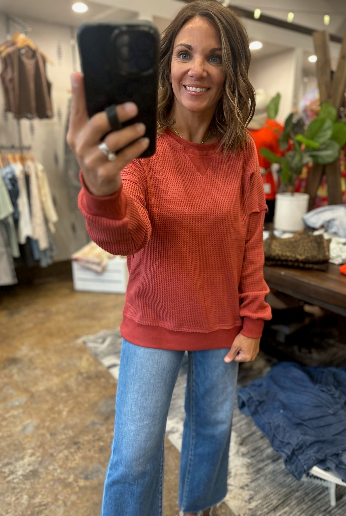 In A Fall State Waffle Long-Sleeve-Long Sleeves-Staccato-Anna Kaytes Boutique, Women's Fashion Boutique in Grinnell, Iowa