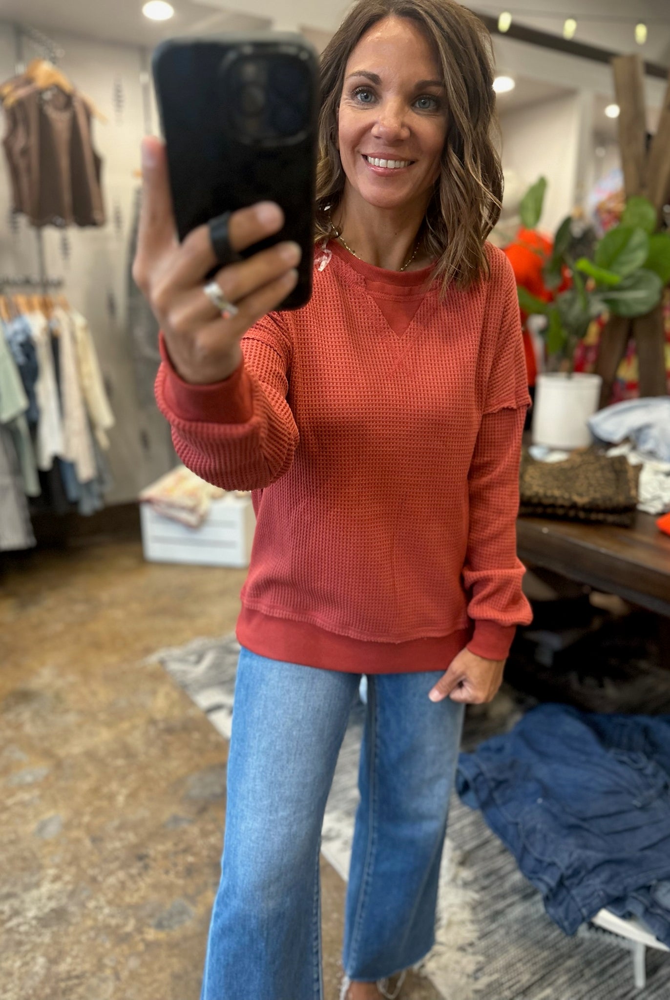 In A Fall State Waffle Long-Sleeve-Long Sleeves-Staccato-Anna Kaytes Boutique, Women's Fashion Boutique in Grinnell, Iowa
