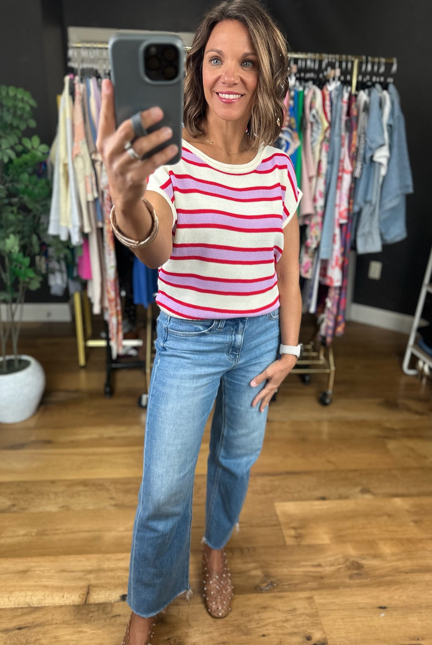 Along Those Lines Striped Knit Top-Short Sleeves-Entro-Anna Kaytes Boutique, Women's Fashion Boutique in Grinnell, Iowa