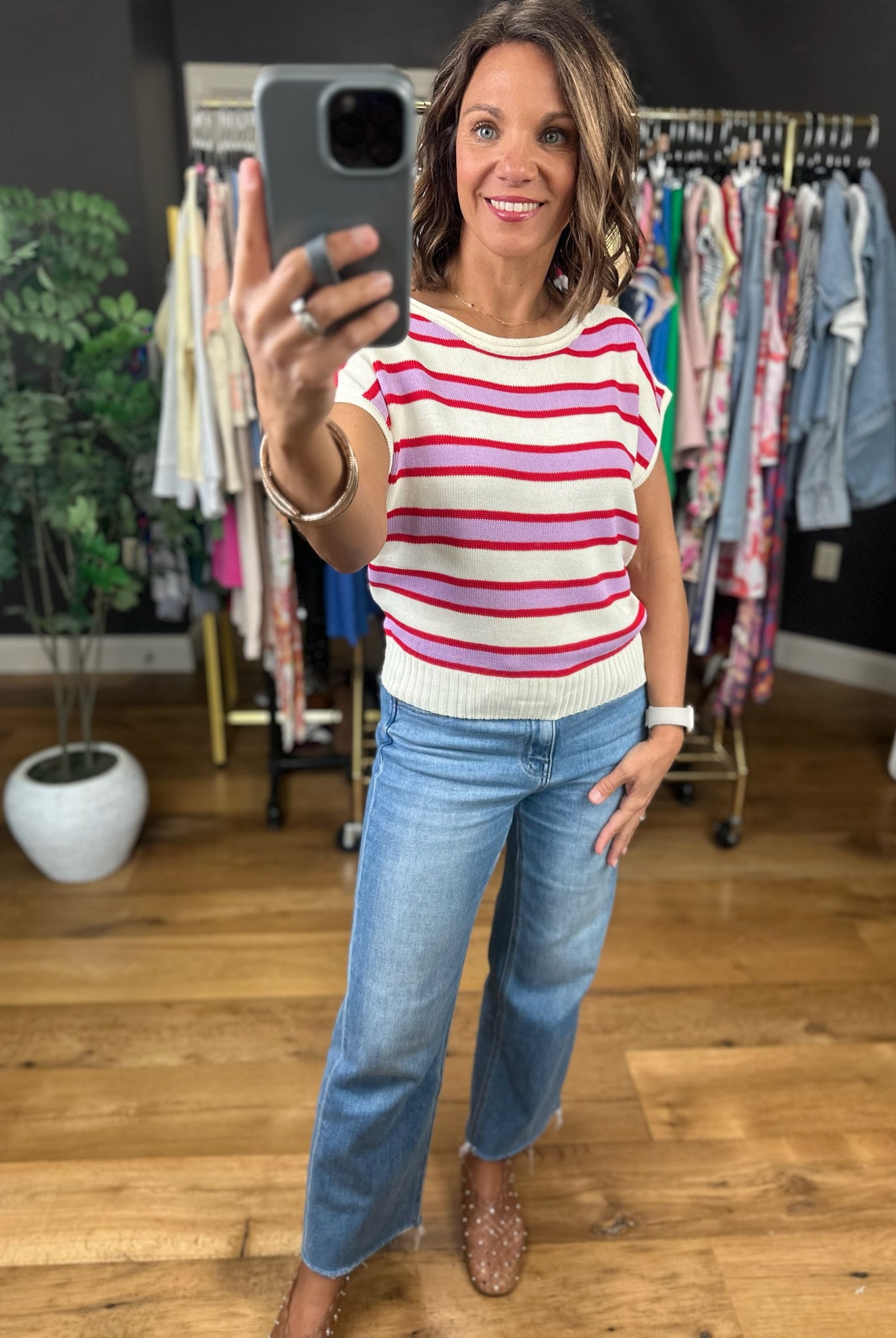 Along Those Lines Striped Knit Top-Short Sleeves-Entro-Anna Kaytes Boutique, Women's Fashion Boutique in Grinnell, Iowa