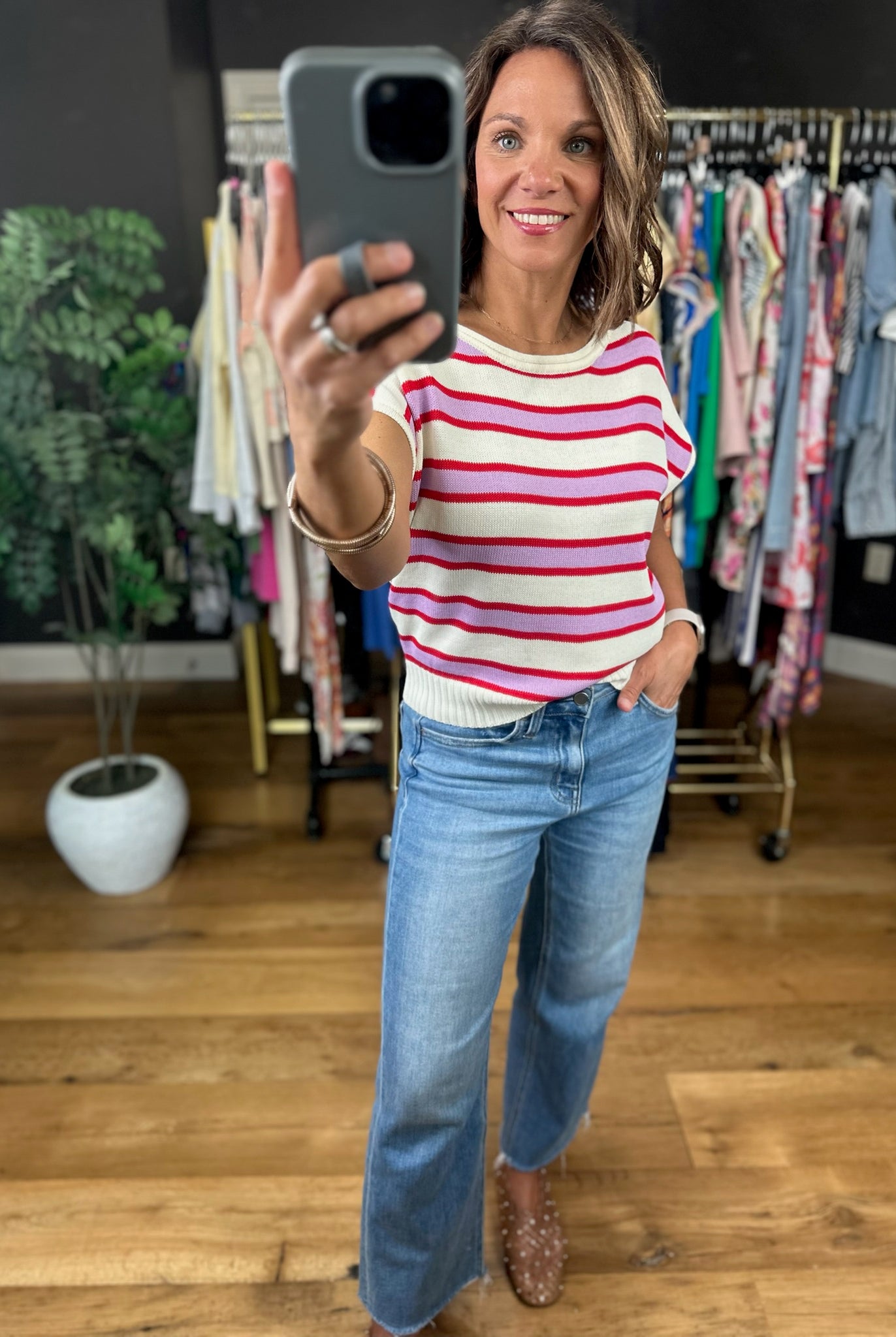 Along Those Lines Striped Knit Top-Short Sleeves-Entro-Anna Kaytes Boutique, Women's Fashion Boutique in Grinnell, Iowa
