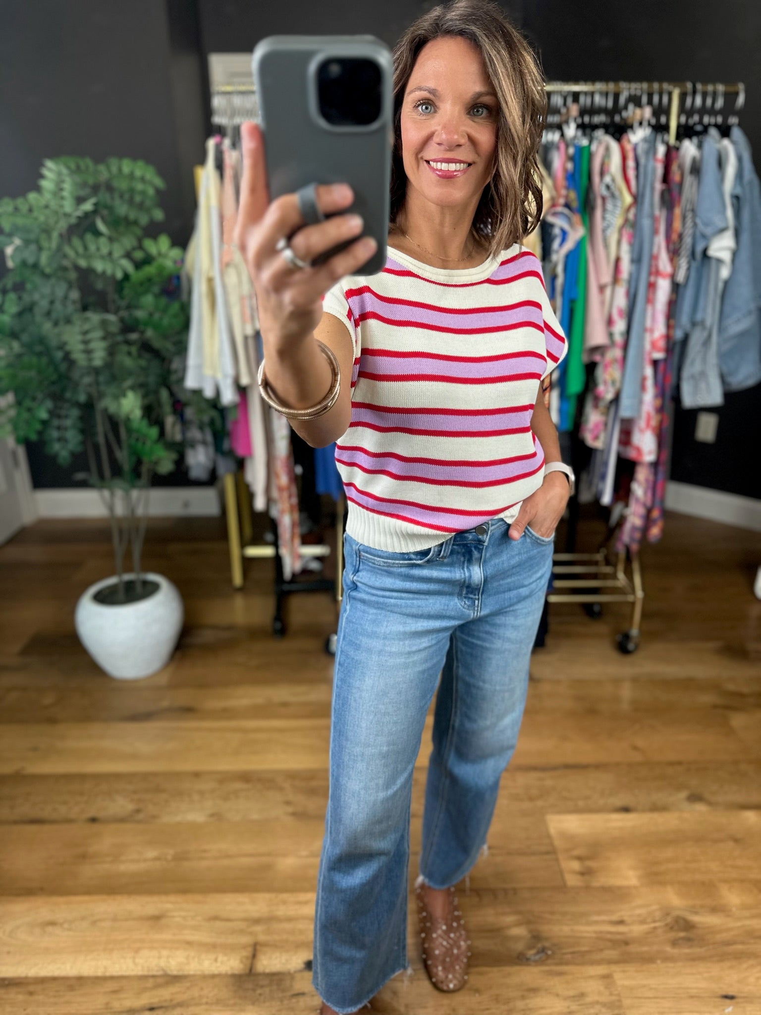 Along Those Lines Striped Knit Top-Short Sleeves-Entro-Anna Kaytes Boutique, Women's Fashion Boutique in Grinnell, Iowa