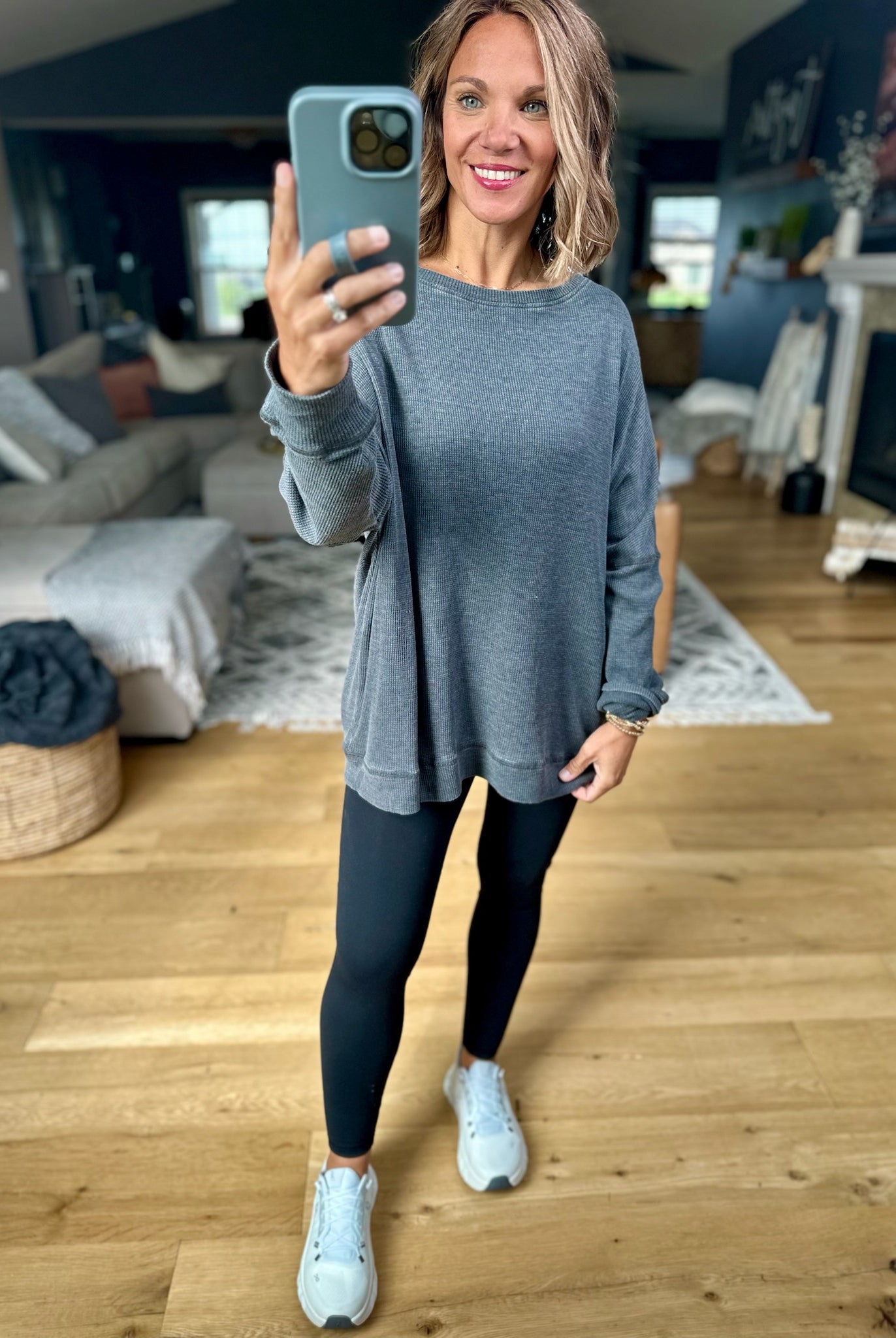 **Make It Happen Waffle Long Sleeve Top-Mono B-Anna Kaytes Boutique, Women's Fashion Boutique in Grinnell, Iowa