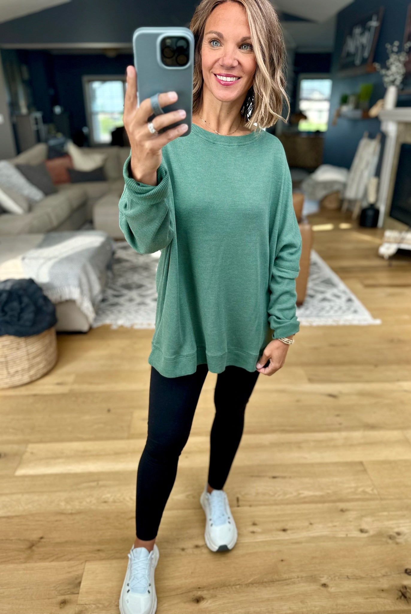 **Make It Happen Waffle Long Sleeve Top-Mono B-Anna Kaytes Boutique, Women's Fashion Boutique in Grinnell, Iowa