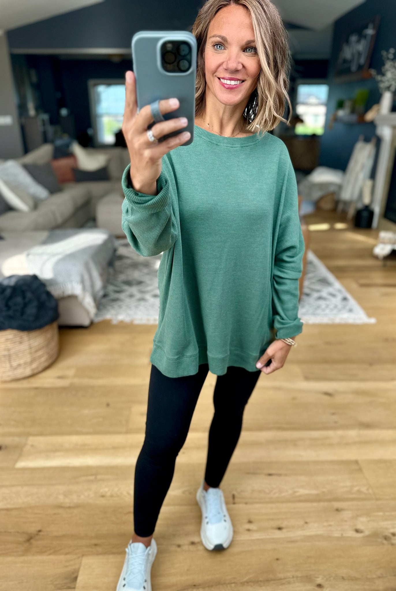 **Make It Happen Waffle Long Sleeve Top-Mono B-Anna Kaytes Boutique, Women's Fashion Boutique in Grinnell, Iowa