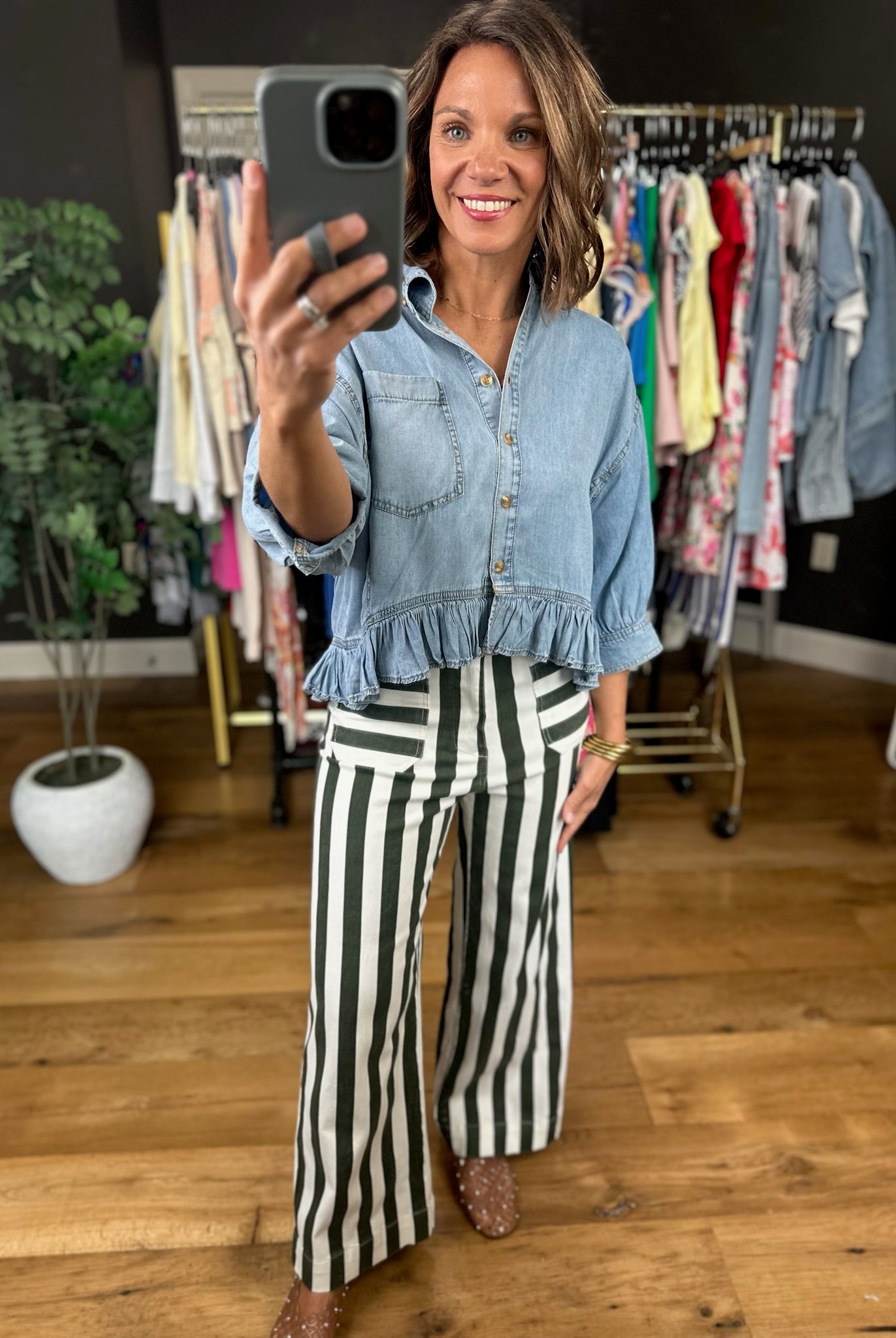 Take Me There Button-Down Denim Peplum Top-Short Sleeves-Eesome-Anna Kaytes Boutique, Women's Fashion Boutique in Grinnell, Iowa