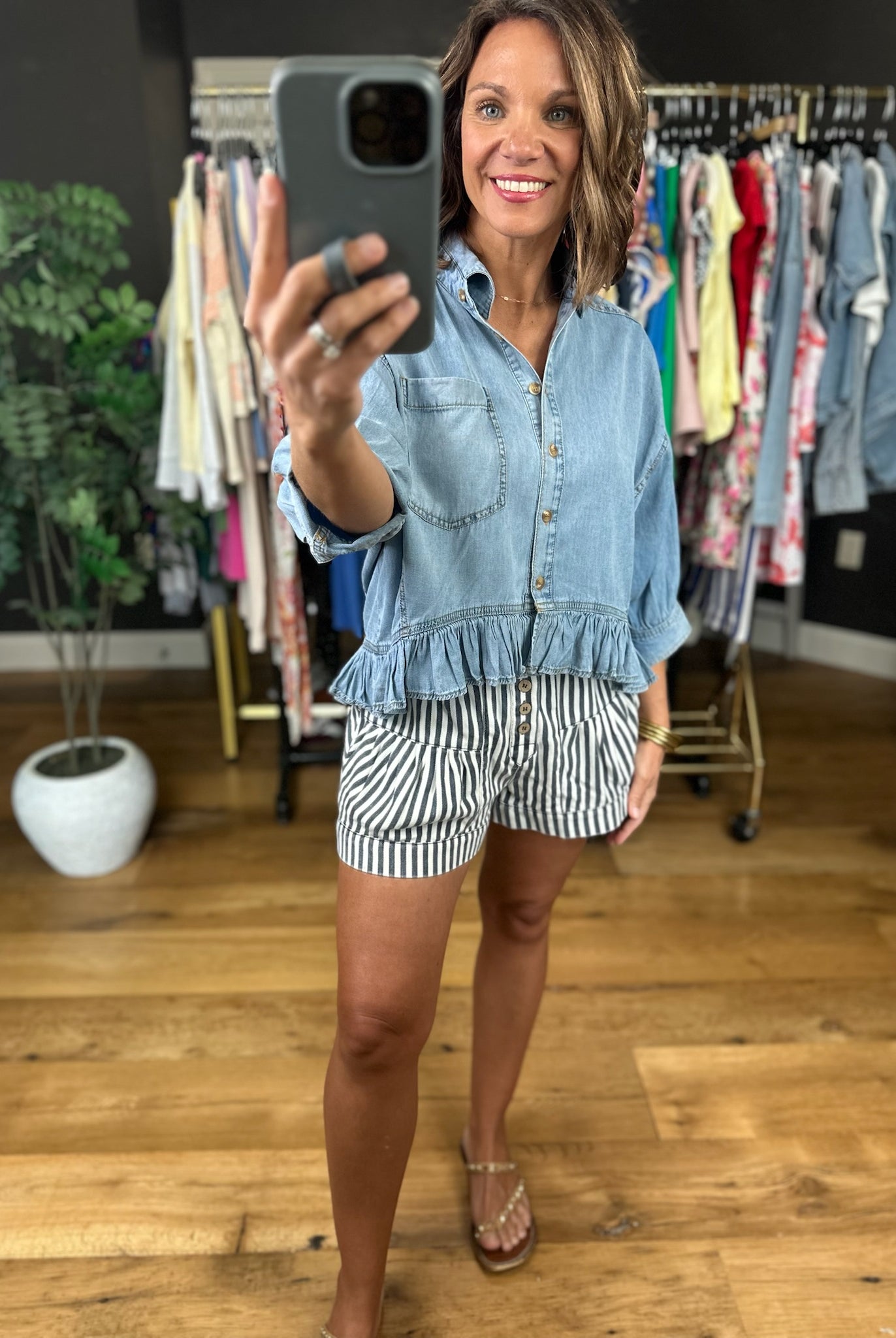 Take Me There Button-Down Denim Peplum Top-Short Sleeves-Eesome-Anna Kaytes Boutique, Women's Fashion Boutique in Grinnell, Iowa