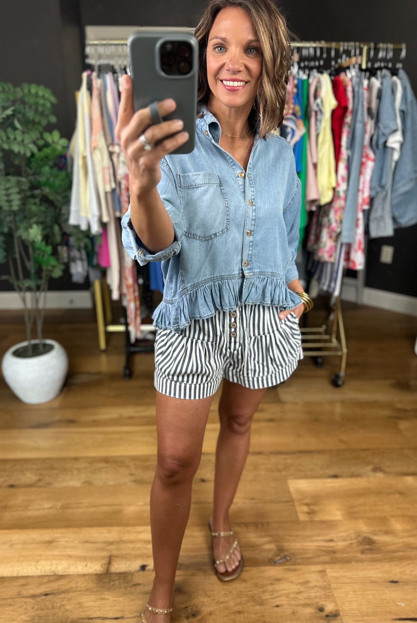 Take Me There Button-Down Denim Peplum Top-Short Sleeves-Eesome-Anna Kaytes Boutique, Women's Fashion Boutique in Grinnell, Iowa