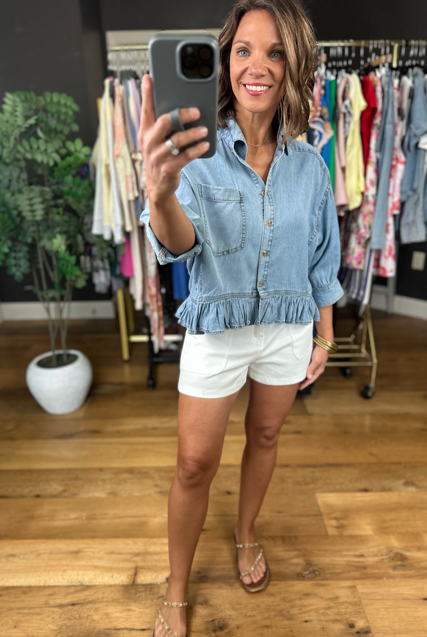 Take Me There Button-Down Denim Peplum Top-Short Sleeves-Eesome-Anna Kaytes Boutique, Women's Fashion Boutique in Grinnell, Iowa