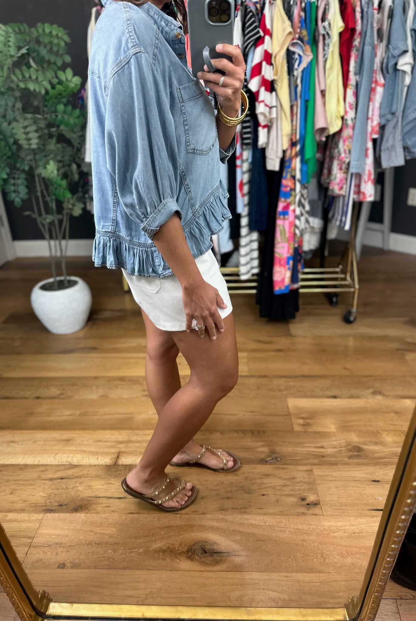 Take Me There Button-Down Denim Peplum Top-Short Sleeves-Eesome-Anna Kaytes Boutique, Women's Fashion Boutique in Grinnell, Iowa