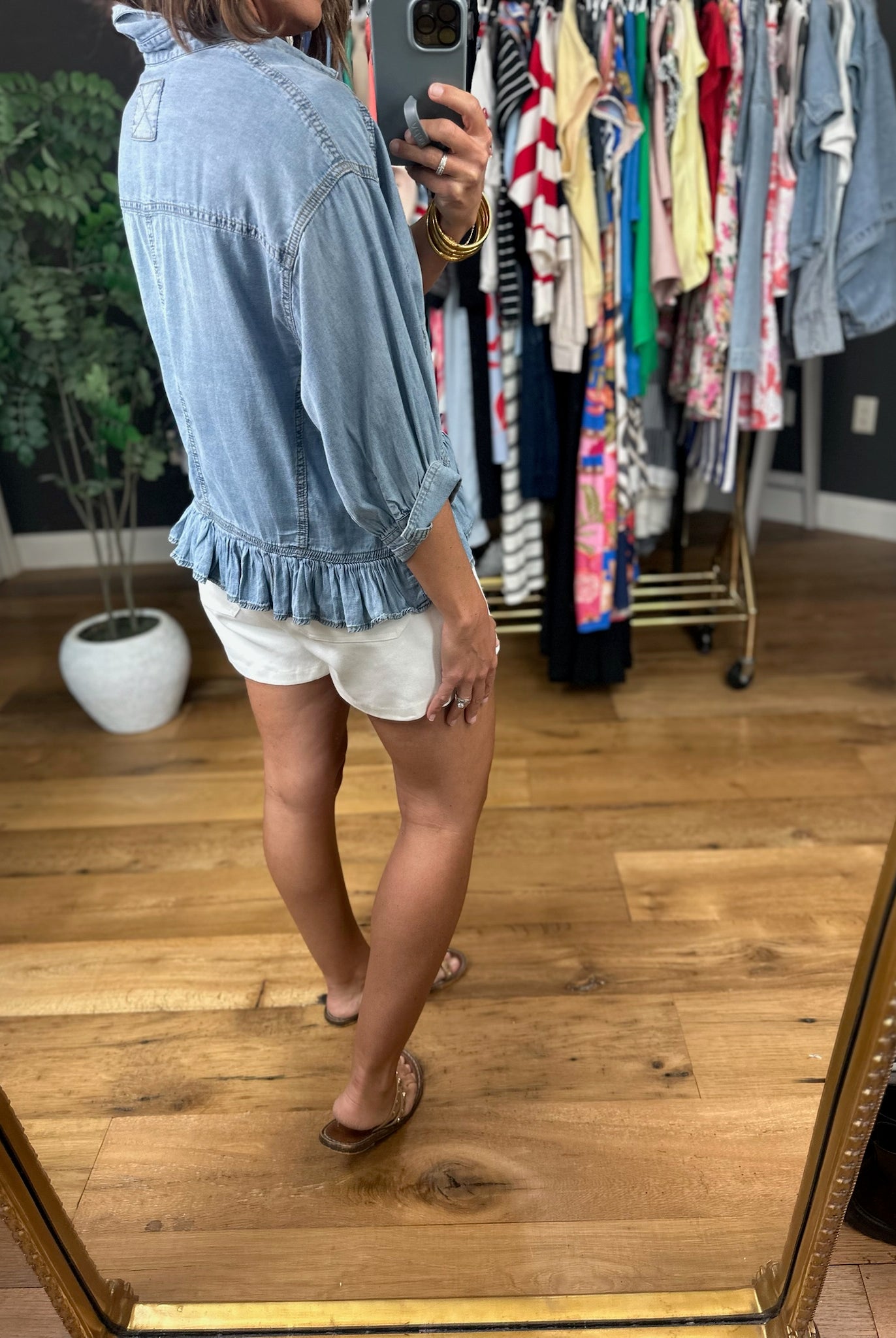 Take Me There Button-Down Denim Peplum Top-Short Sleeves-Eesome-Anna Kaytes Boutique, Women's Fashion Boutique in Grinnell, Iowa