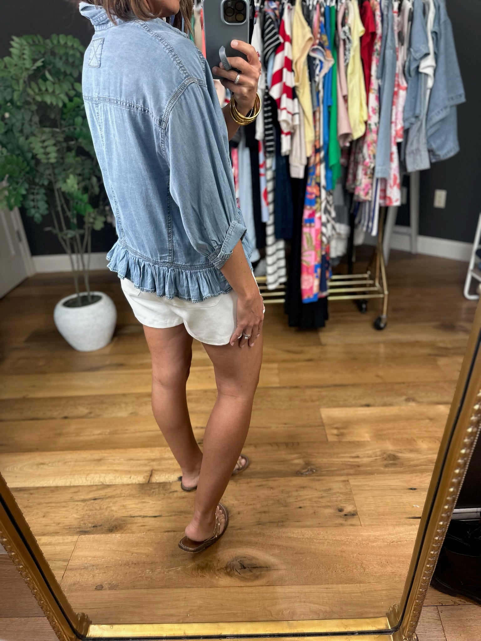 *PRE-ORDER - TWO WEEK TAT* Take Me There Button-Down Denim Peplum Top-Short Sleeves-Eesome-Anna Kaytes Boutique, Women's Fashion Boutique in Grinnell, Iowa