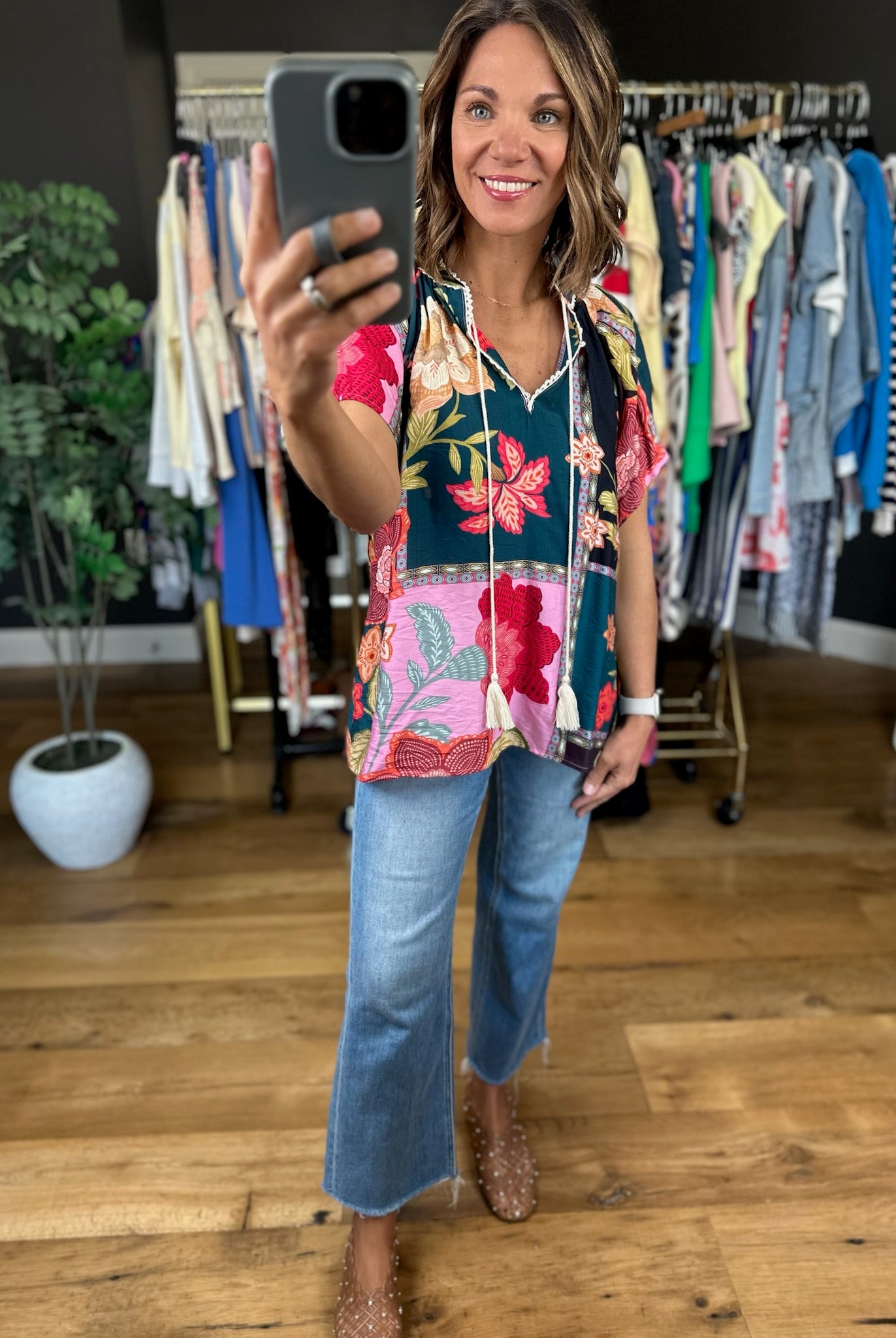 Happy Feelings Floral Crochet-Trim Top-Short Sleeves-Umgee-Anna Kaytes Boutique, Women's Fashion Boutique in Grinnell, Iowa