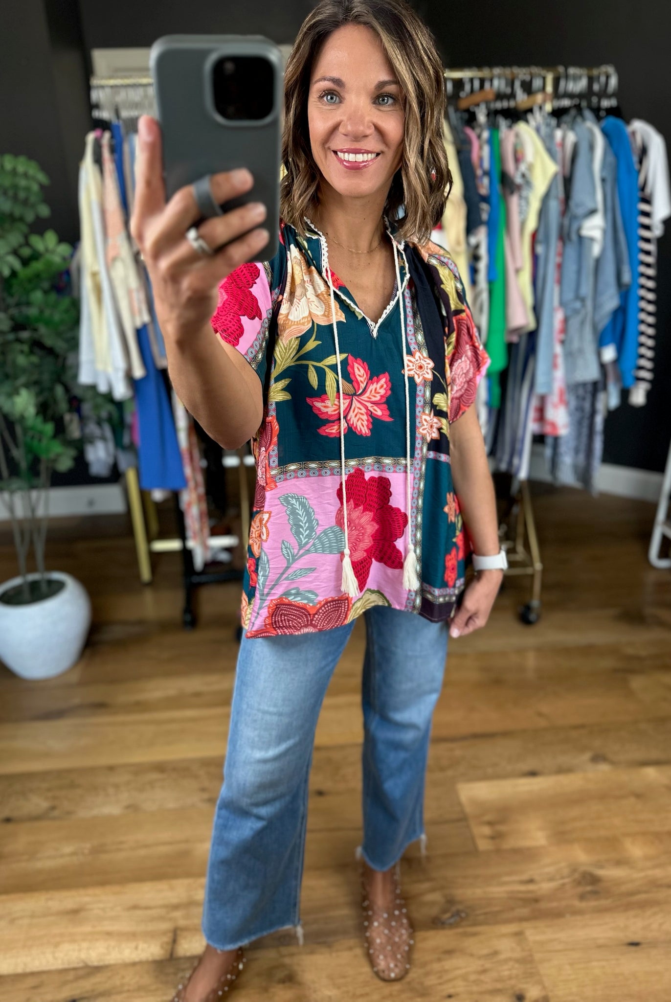 Happy Feelings Floral Crochet-Trim Top-Short Sleeves-Umgee-Anna Kaytes Boutique, Women's Fashion Boutique in Grinnell, Iowa