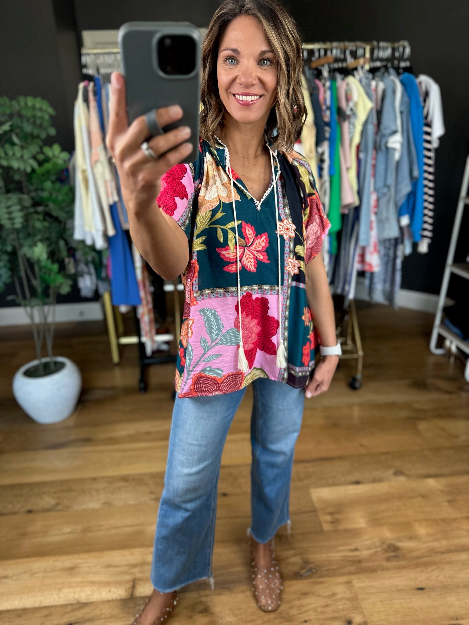 Happy Feelings Floral Crochet-Trim Top-Short Sleeves-Umgee-Anna Kaytes Boutique, Women's Fashion Boutique in Grinnell, Iowa